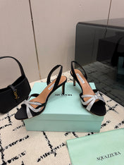 AQUAZZURA 26S HEEL SANDALS 80 MM IN BLACK SATIN CRYSTAL STONES