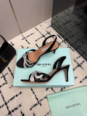 AQUAZZURA 26S HEEL SANDALS 80 MM IN BLACK SATIN CRYSTAL STONES