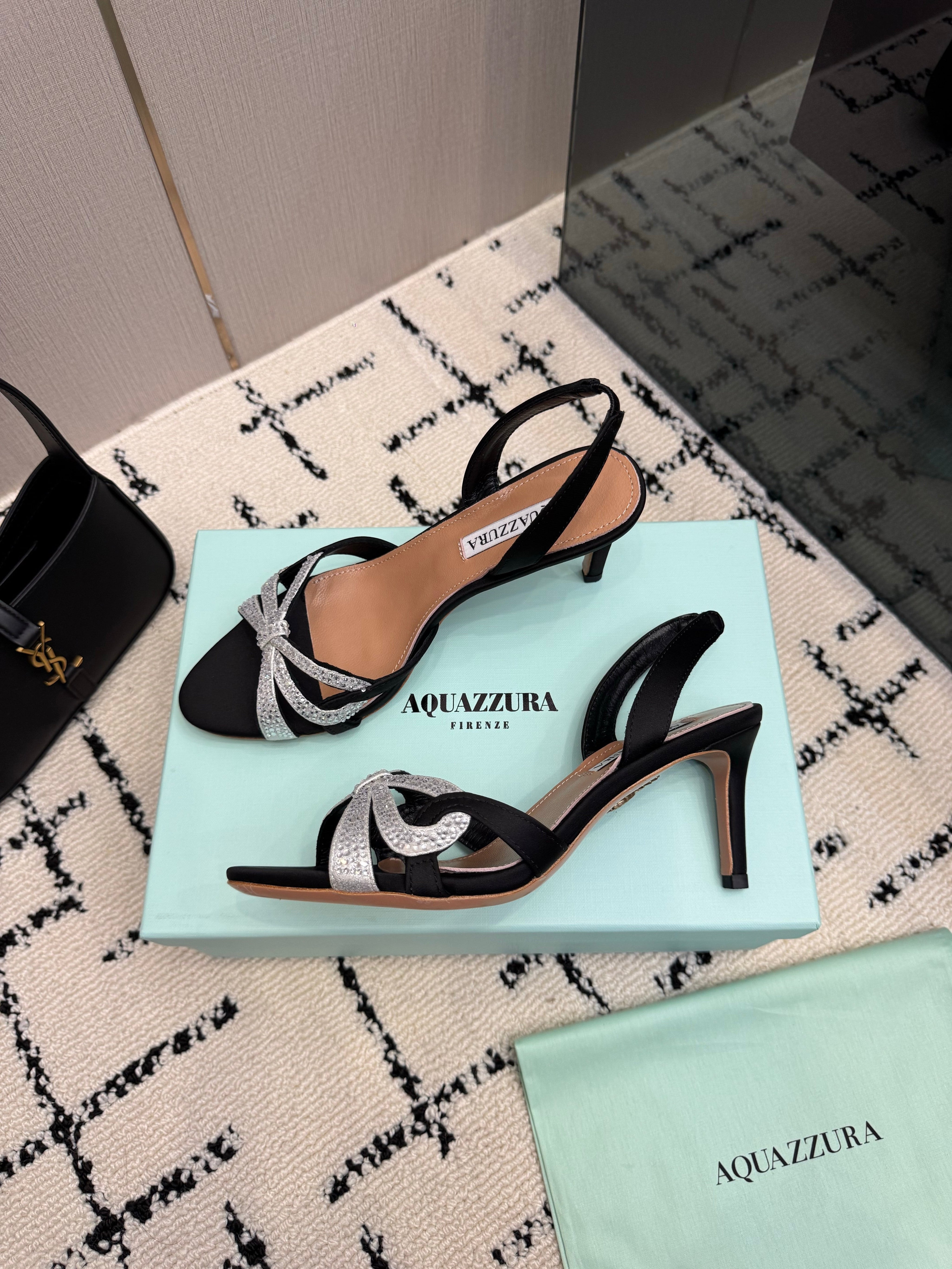 AQUAZZURA 26S HEEL SANDALS 80 MM IN BLACK SATIN CRYSTAL STONES