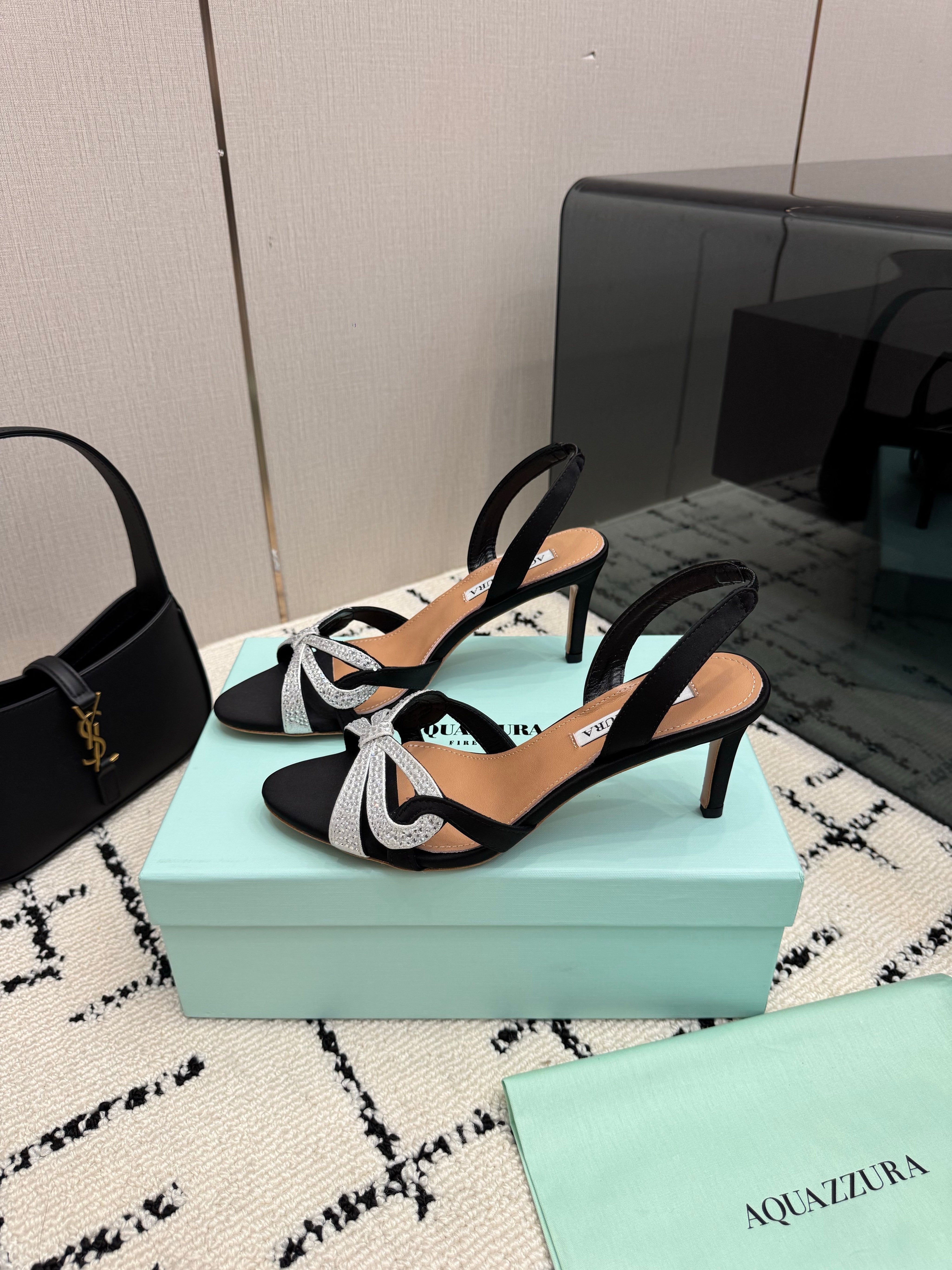 AQUAZZURA 26S HEEL SANDALS 80 MM IN BLACK SATIN CRYSTAL STONES