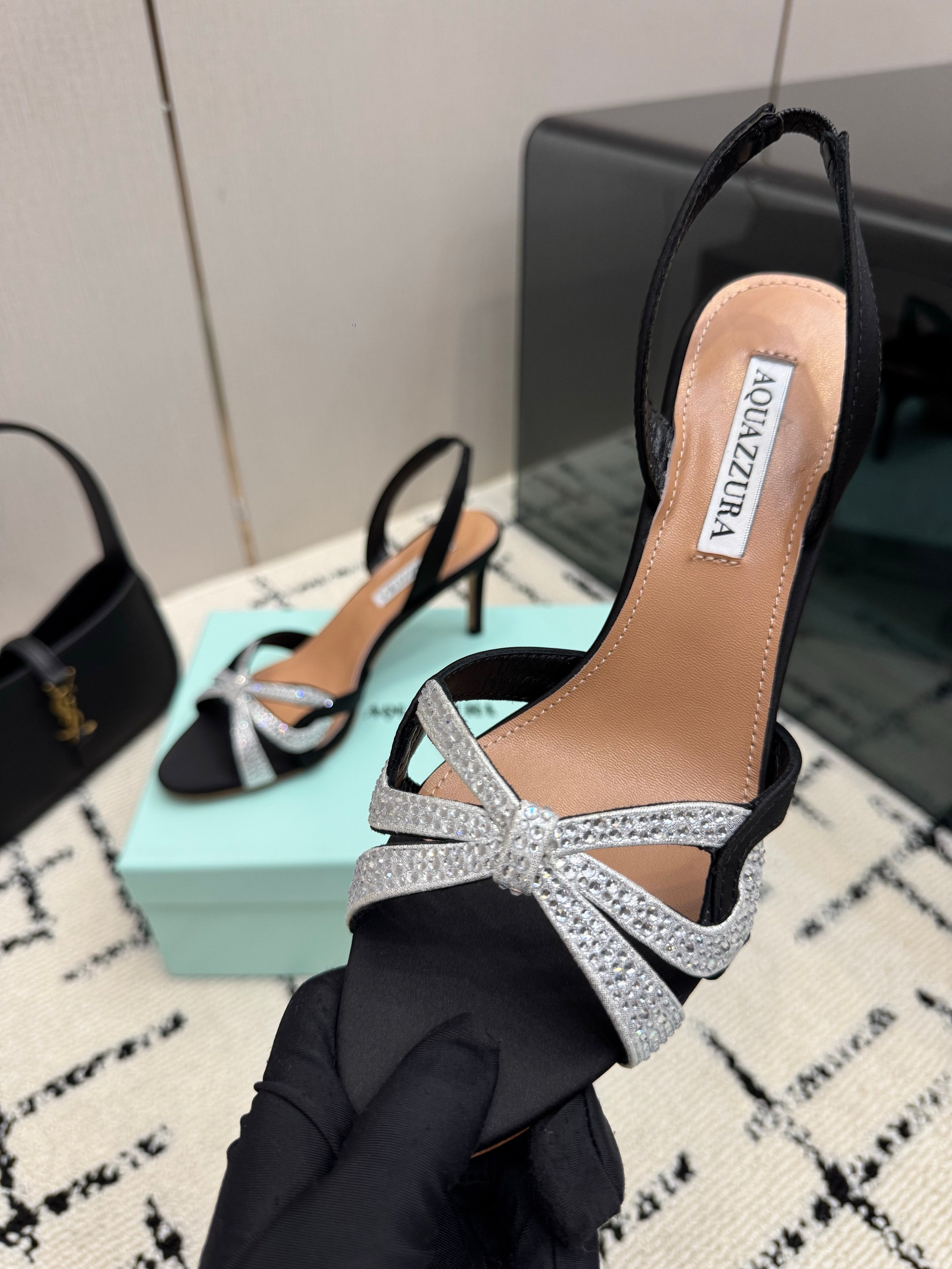 AQUAZZURA 26S HEEL SANDALS 80 MM IN BLACK SATIN CRYSTAL STONES