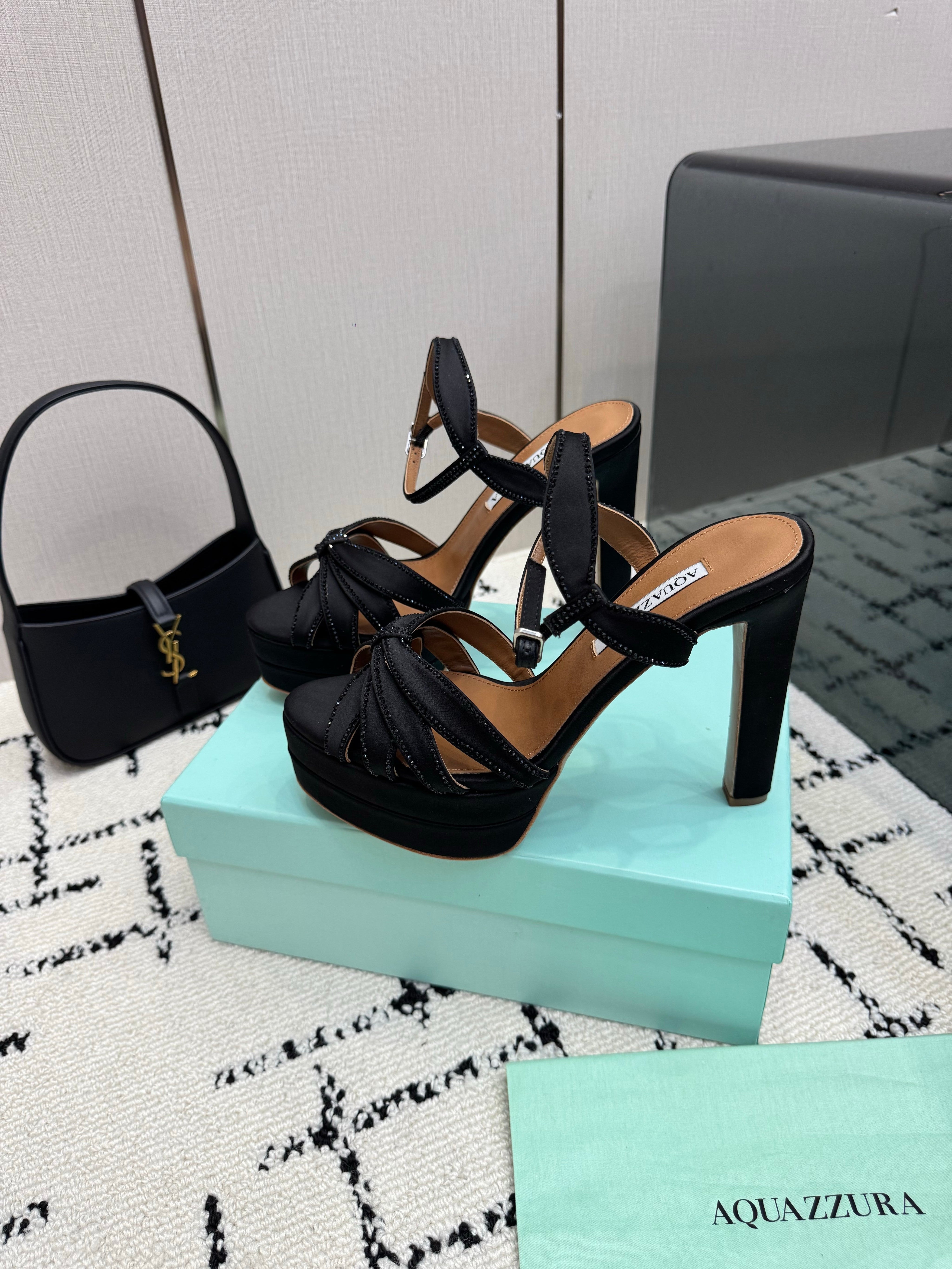 AQUAZZURA 26S HEEL SANDALS 135 MM IN BLACK SATIN RHINESTONE