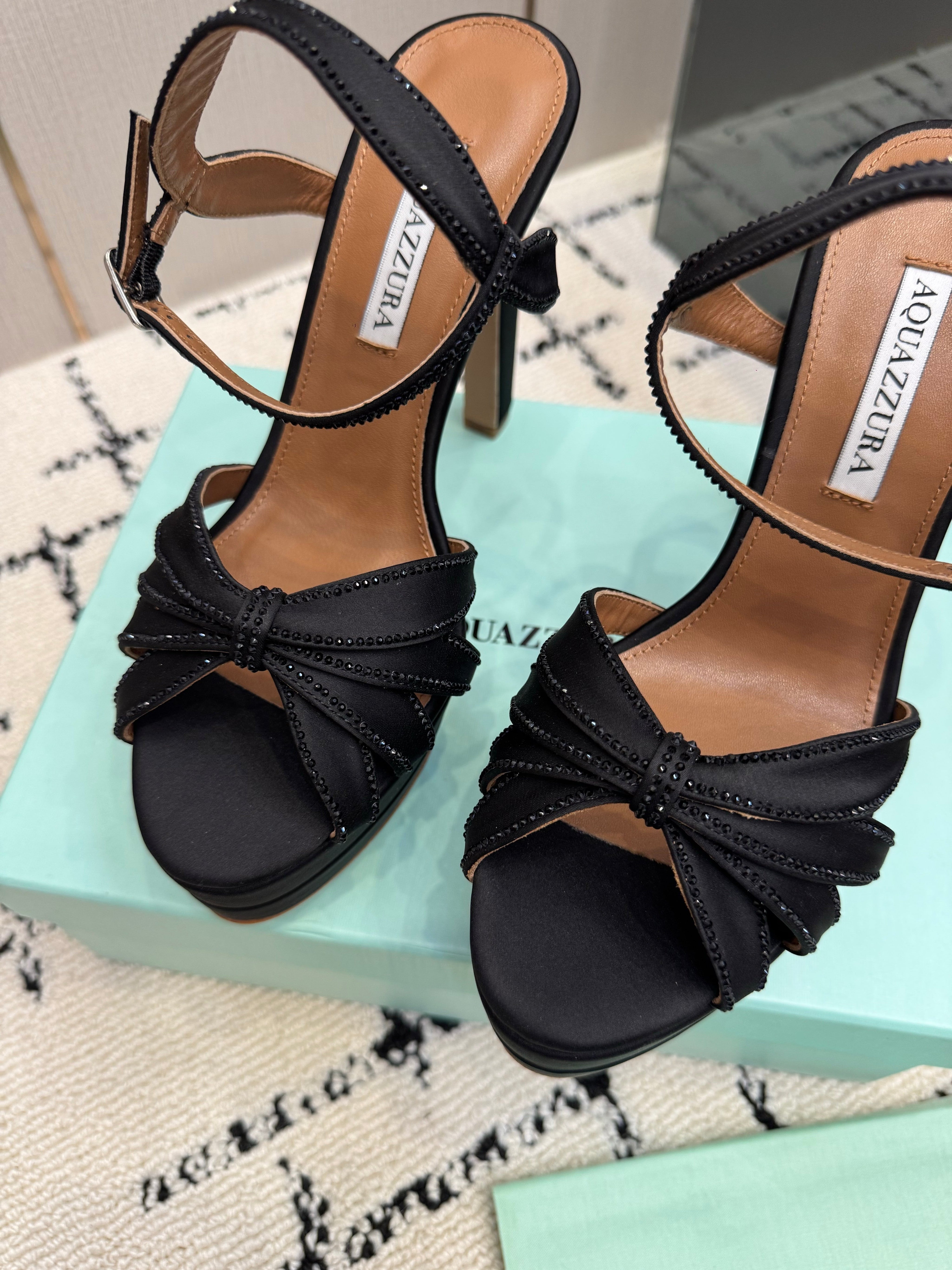 AQUAZZURA 26S HEEL SANDALS 135 MM IN BLACK SATIN RHINESTONE