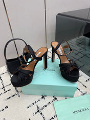 AQUAZZURA 26S HEEL SANDALS 135 MM IN BLACK SATIN RHINESTONE