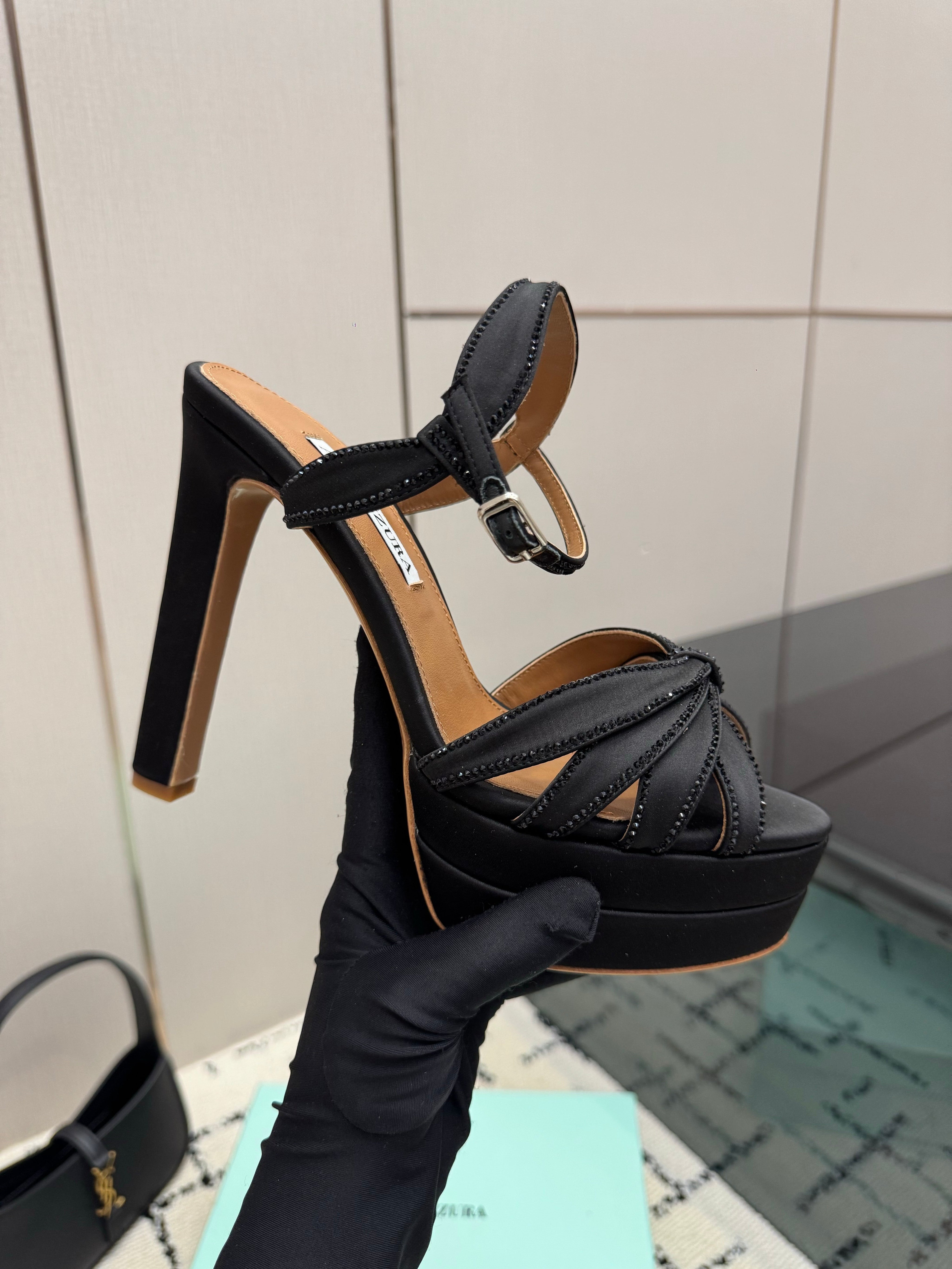 AQUAZZURA 26S HEEL SANDALS 135 MM IN BLACK SATIN RHINESTONE