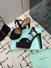 AQUAZZURA 26S HEEL SANDALS 135 MM IN BLACK SATIN RHINESTONE
