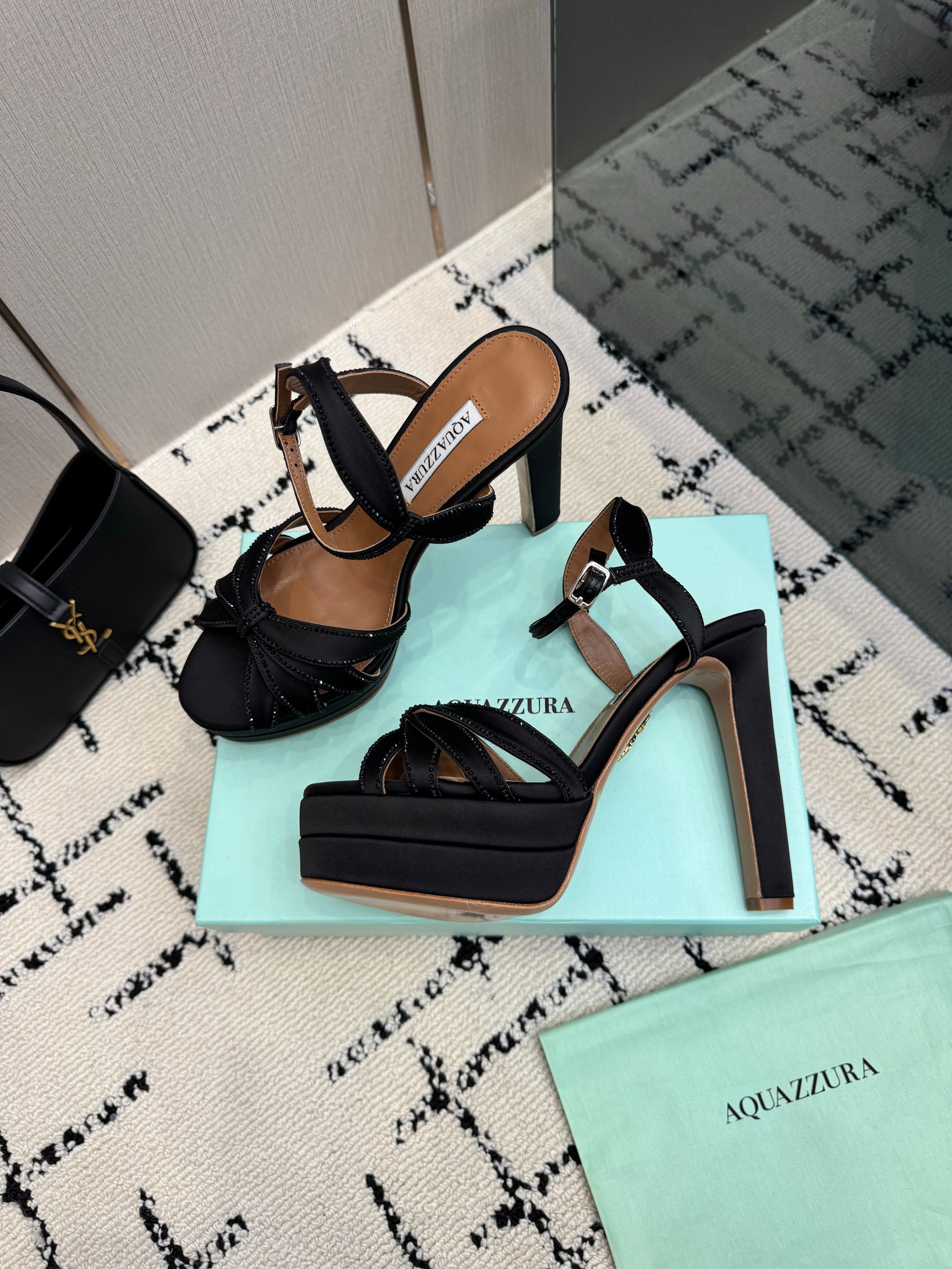 AQUAZZURA 26S HEEL SANDALS 135 MM IN BLACK SATIN RHINESTONE