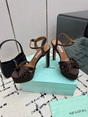 AQUAZZURA 26S HEEL SANDALS 135 MM IN DARK BROWN SATIN RHINESTONE