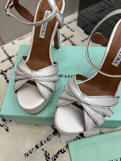 AQUAZZURA 26S HEEL SANDALS 135 MM IN CREAM WHITE SATIN RHINESTONE
