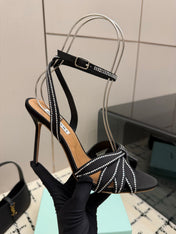 AQUAZZURA 26S HEEL SANDALS 105 MM IN BLACK SATIN RHINESTONE