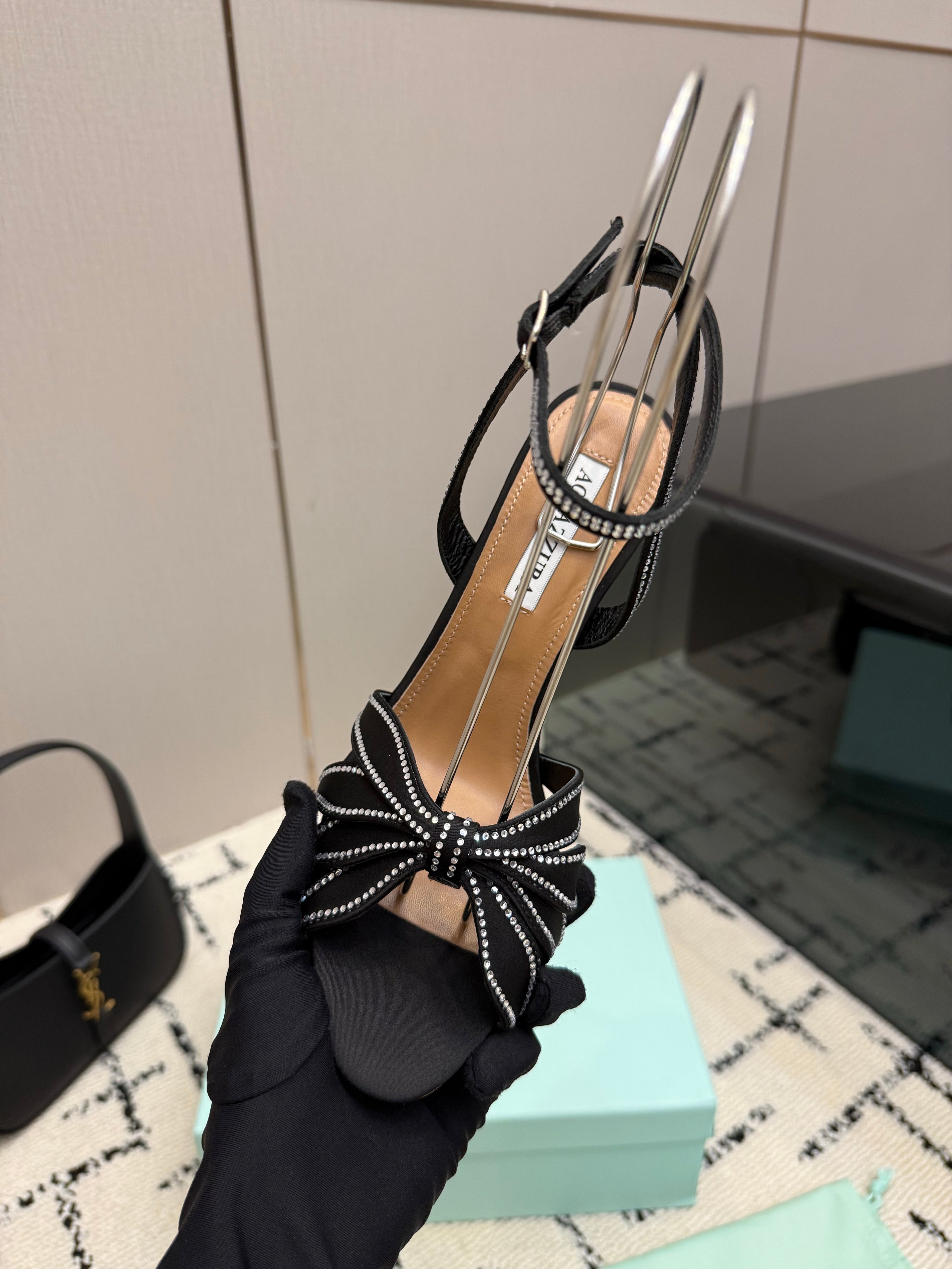 AQUAZZURA 26S HEEL SANDALS 105 MM IN BLACK SATIN RHINESTONE