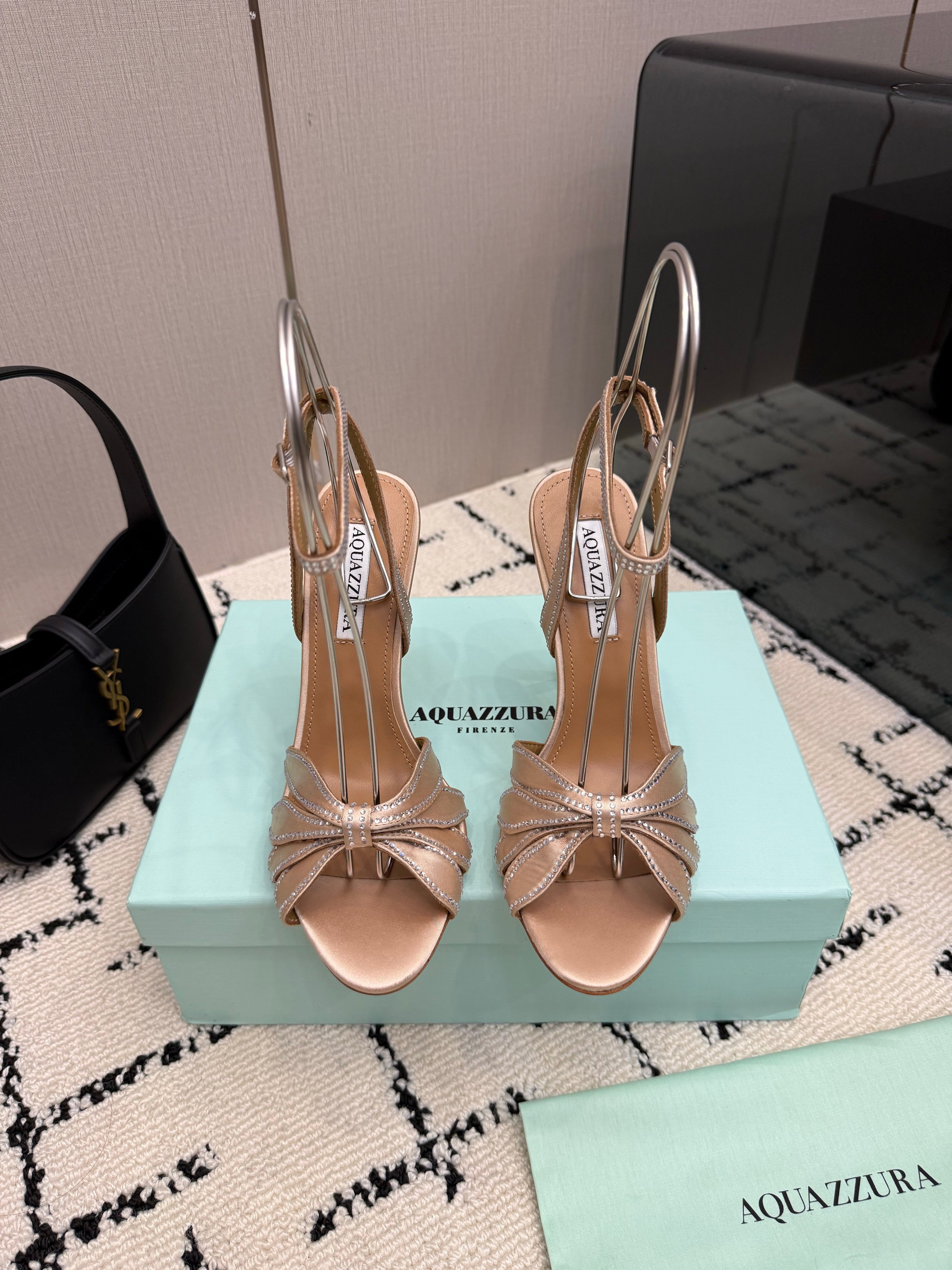 AQUAZZURA 26S HEEL SANDALS 105 MM IN BEIGE SATIN RHINESTONE