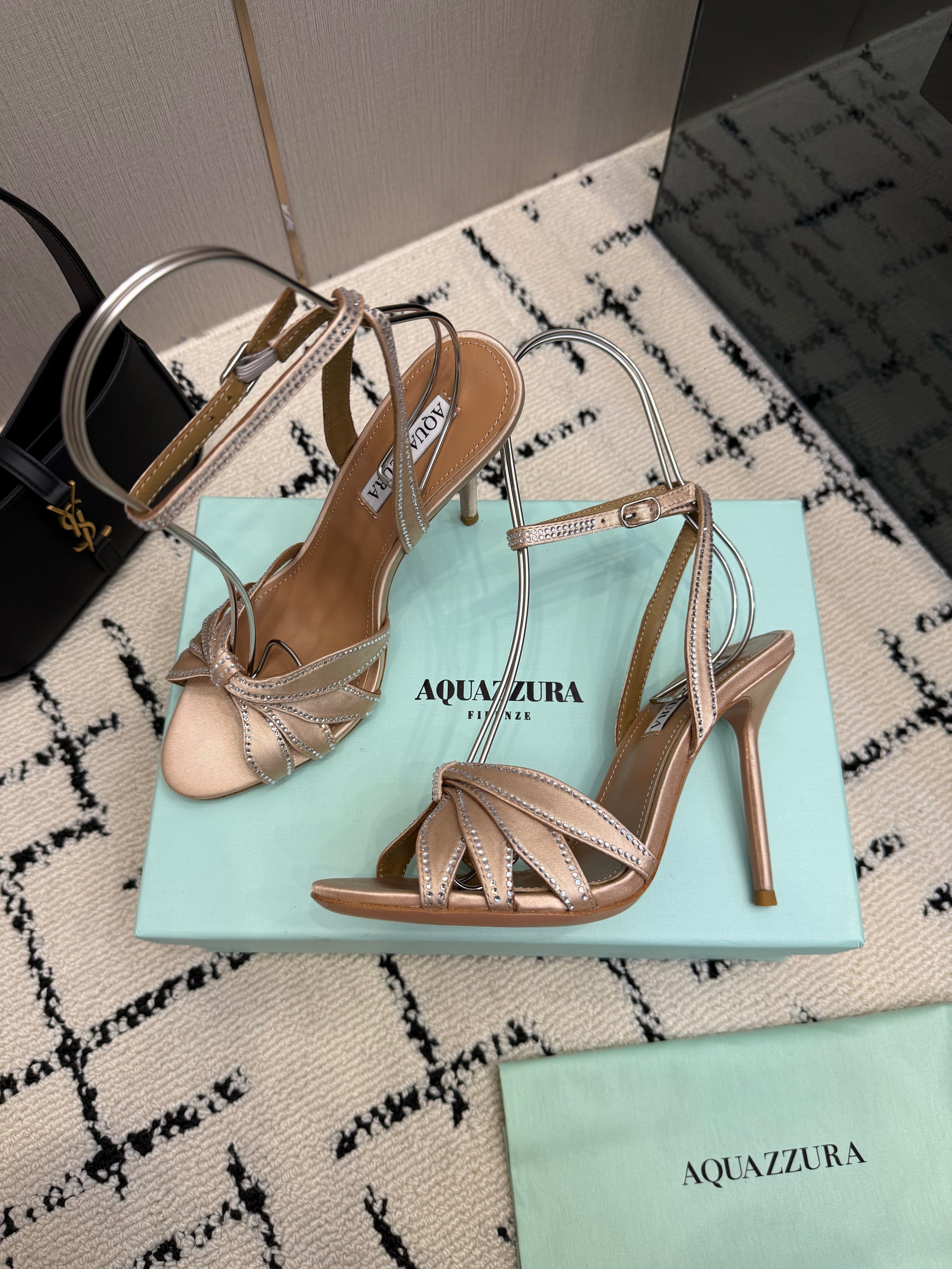 AQUAZZURA 26S HEEL SANDALS 105 MM IN BEIGE SATIN RHINESTONE