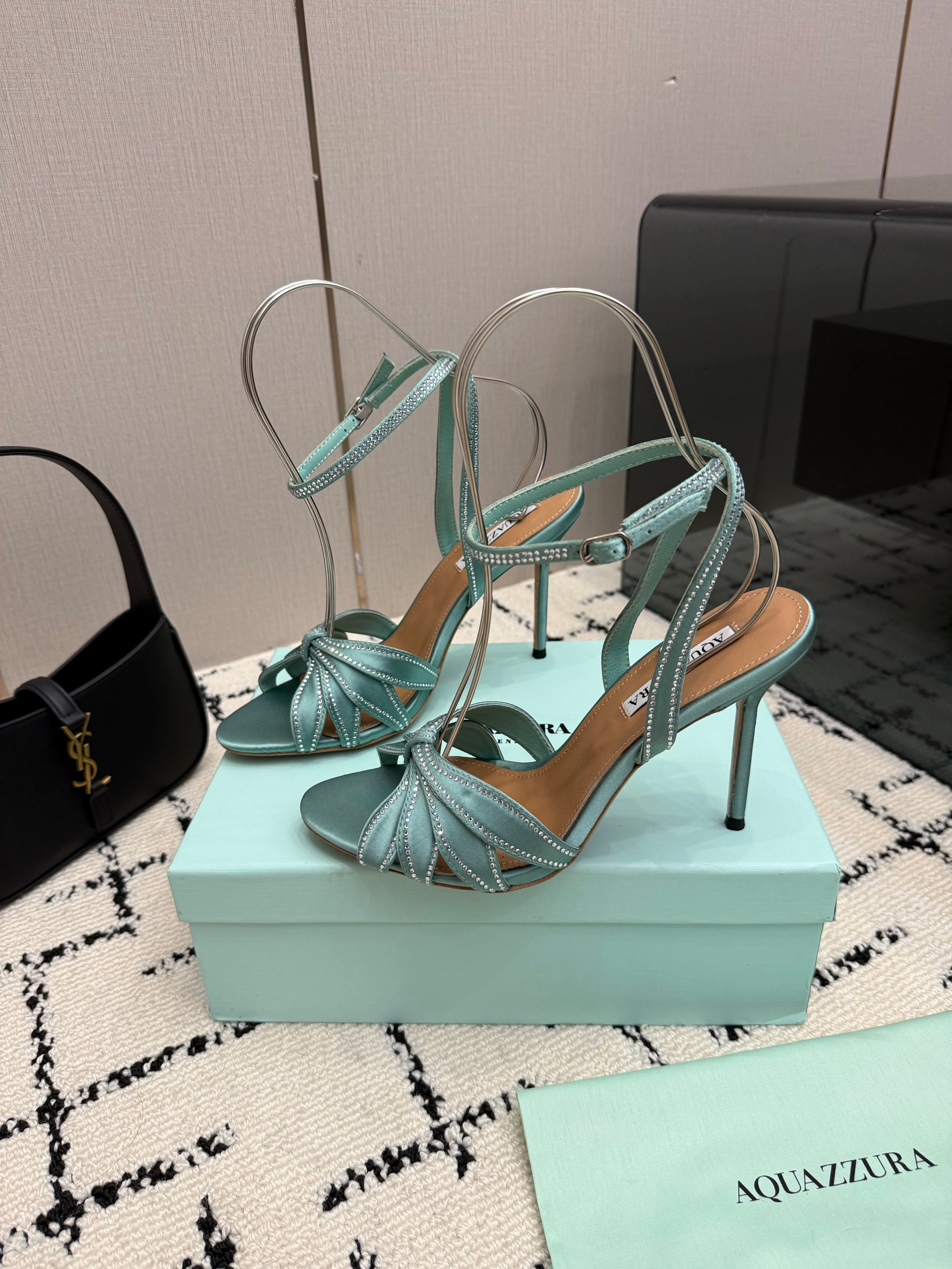 AQUAZZURA 26S HEEL SANDALS 105 MM IN MINT GREEN SATIN RHINESTONE