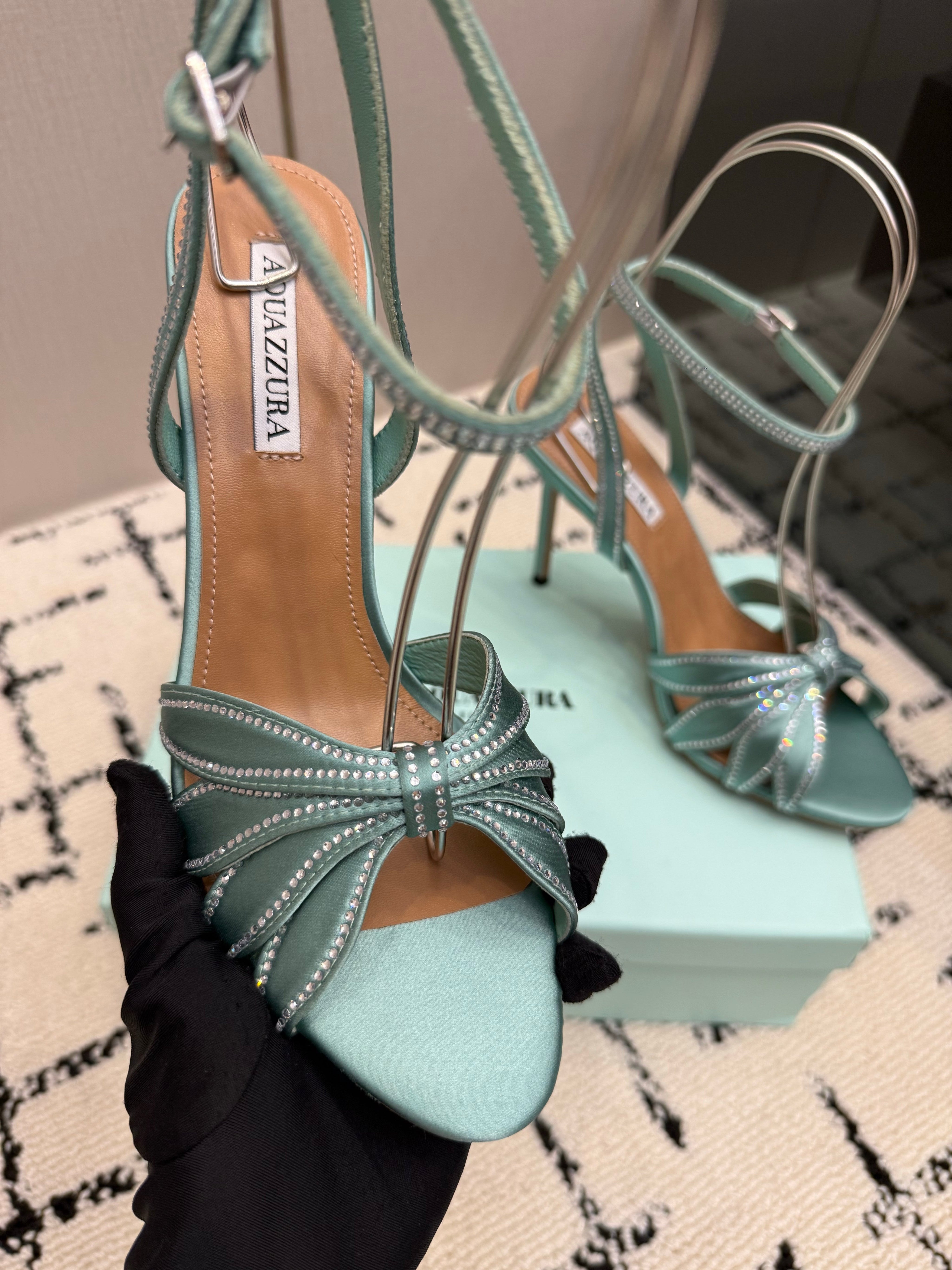 AQUAZZURA 26S HEEL SANDALS 105 MM IN MINT GREEN SATIN RHINESTONE