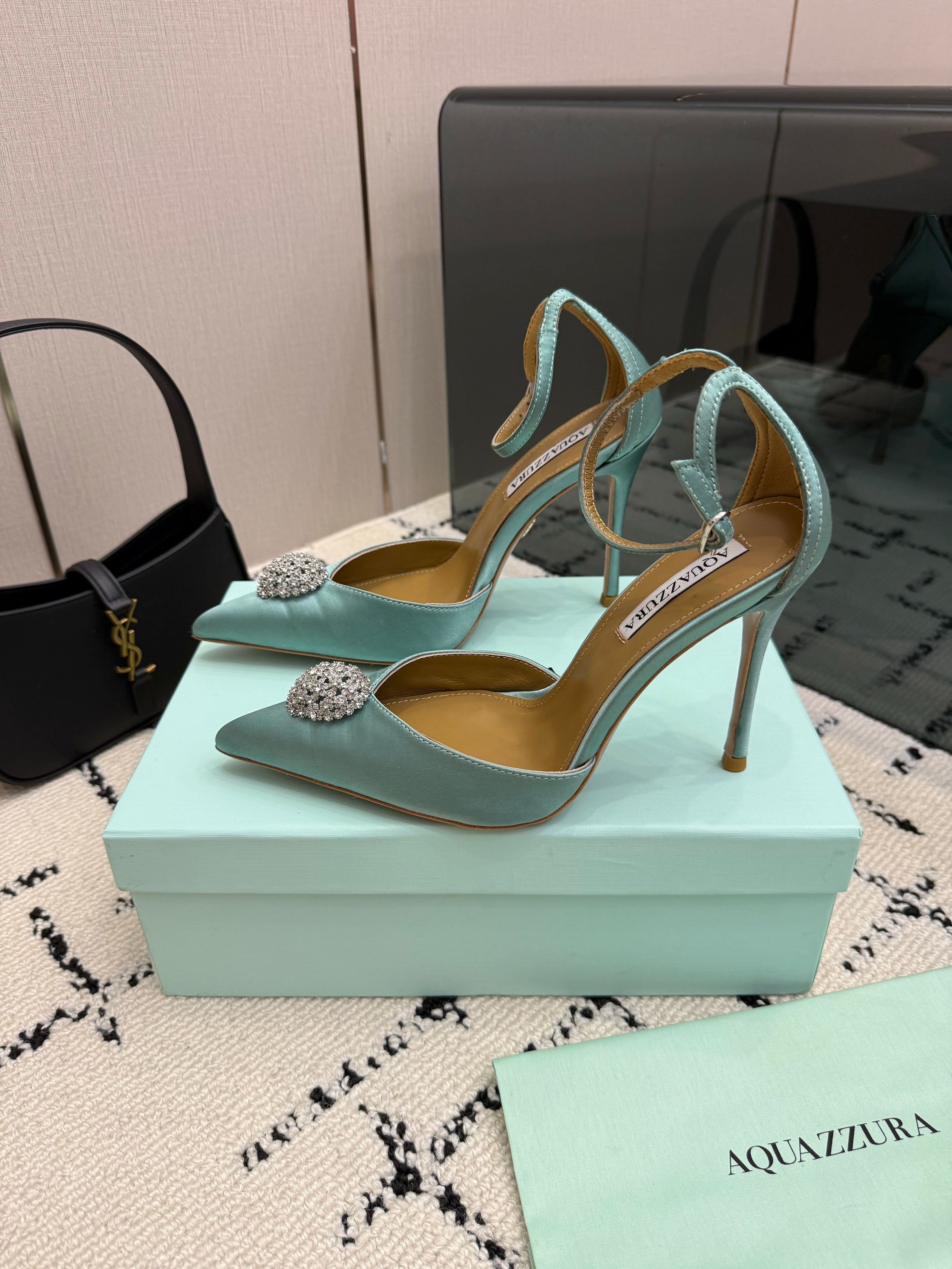 AQUAZZURA 26S POINTED-TOE PUMPS 105 MM IN MINT GREEN SATIN
