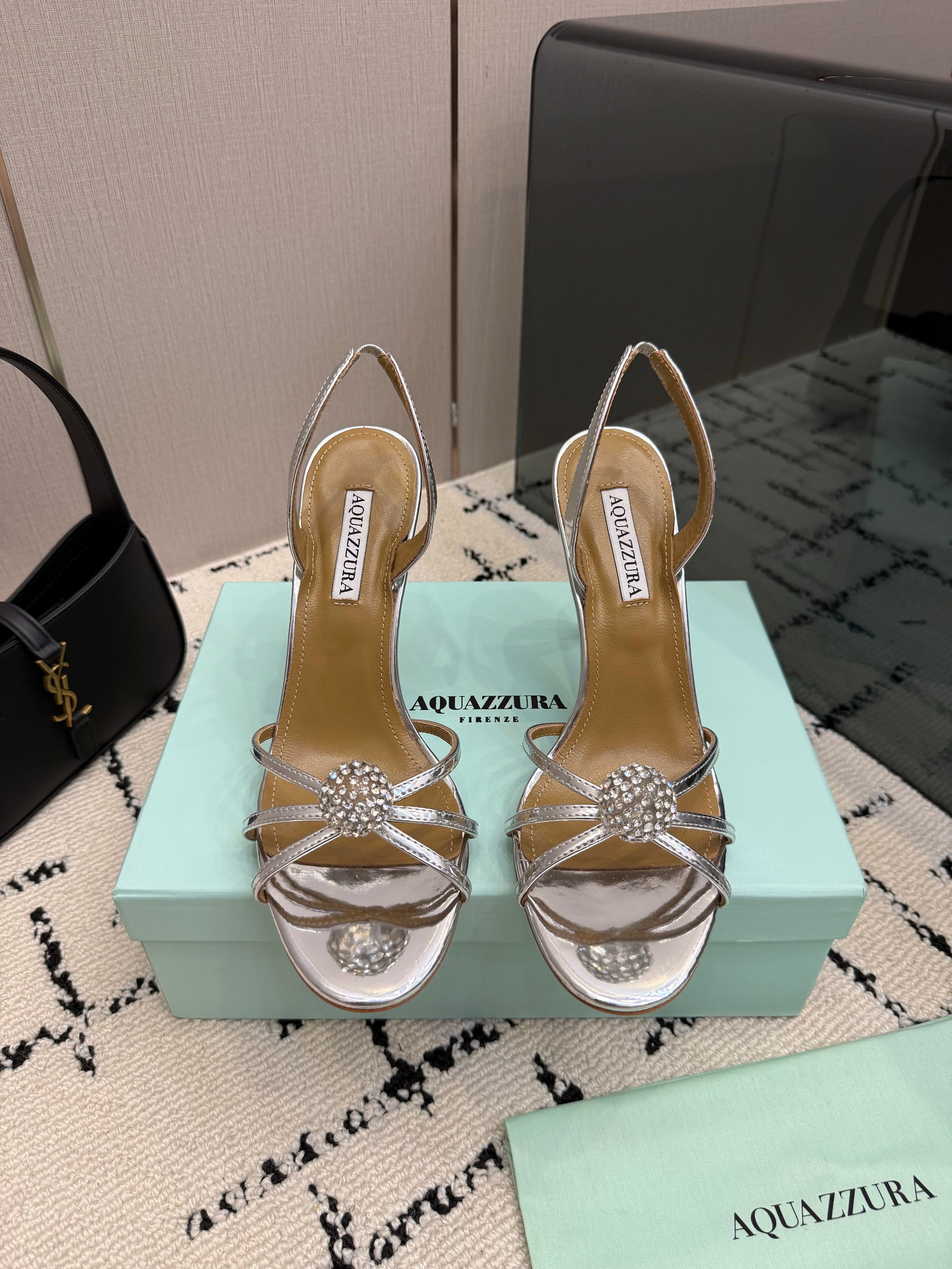 AQUAZZURA 26S STRAPPY HEELS 105 MM IN SILVER CALFSKIN