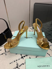 AQUAZZURA 26S STRAPPY HEELS 105 MM IN GOLD CALFSKIN
