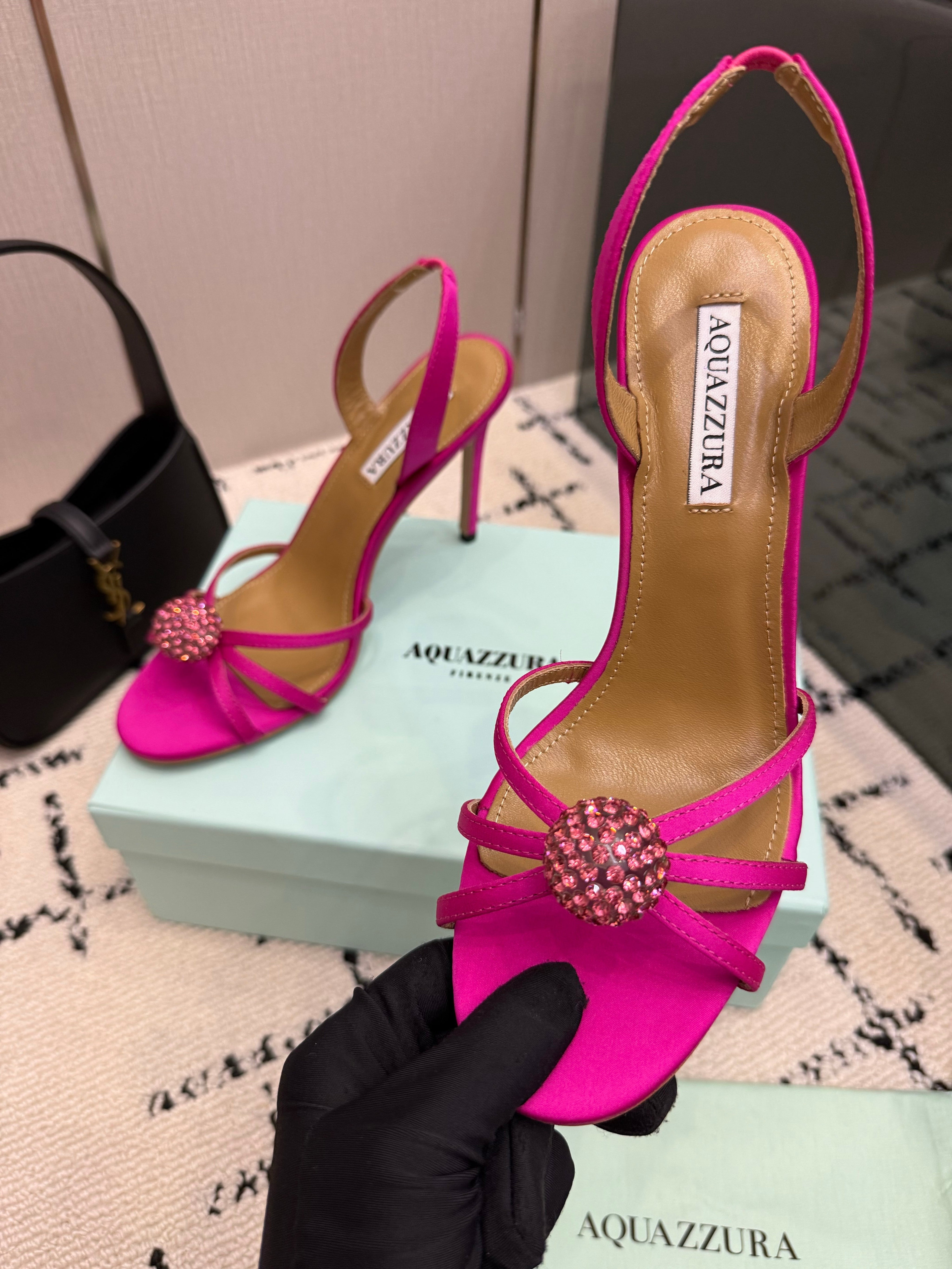 AQUAZZURA 26S STRAPPY HEELS 105 MM IN DARK PINK SATIN
