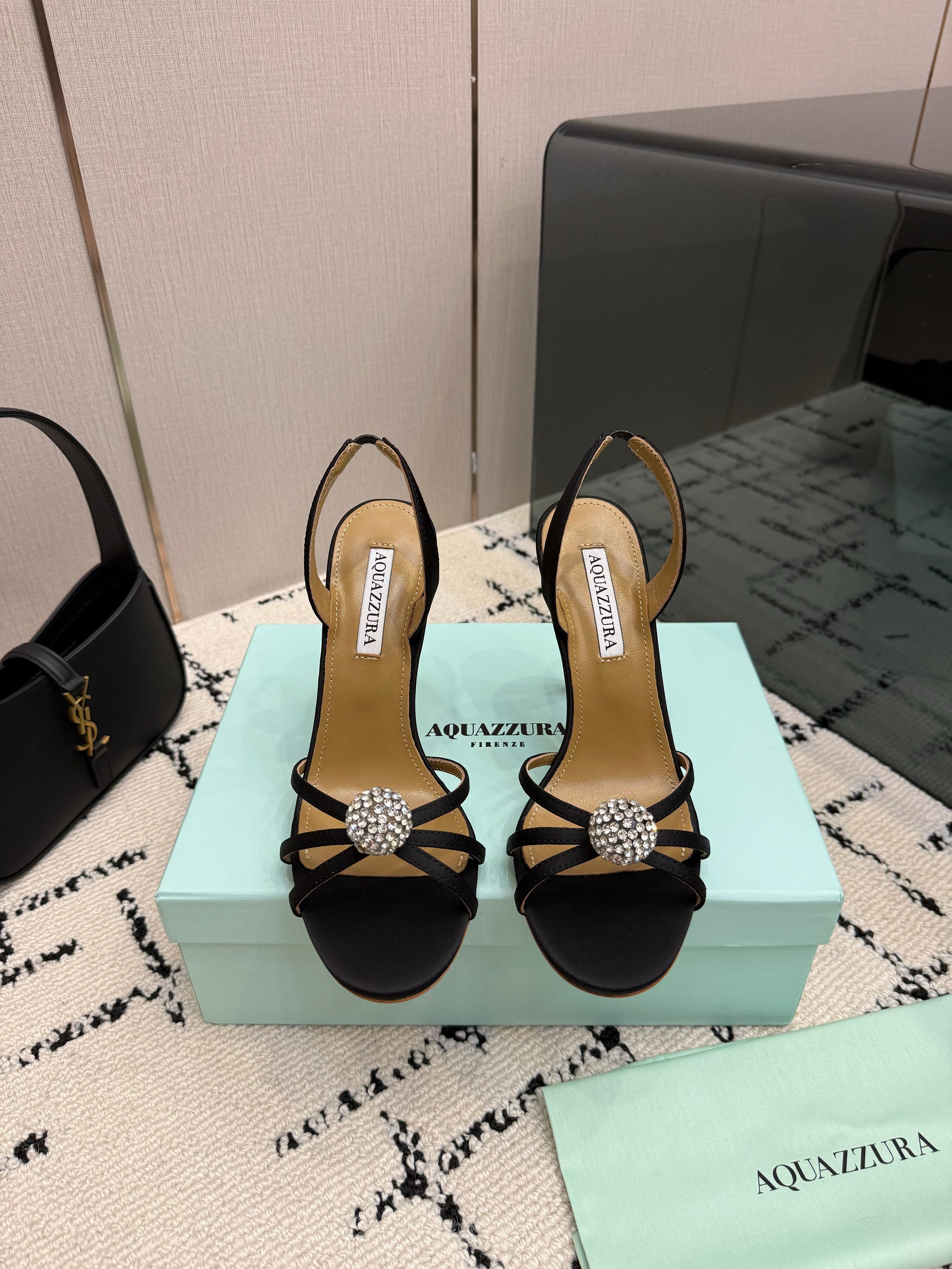 AQUAZZURA 26S STRAPPY HEELS 105 MM IN BLACK SATIN