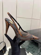 YSL 26S POINTED TOE SLINGBACK PUMPS 100 MM IN BLACK MESH AND BROWN SNAKE EMBOSSED