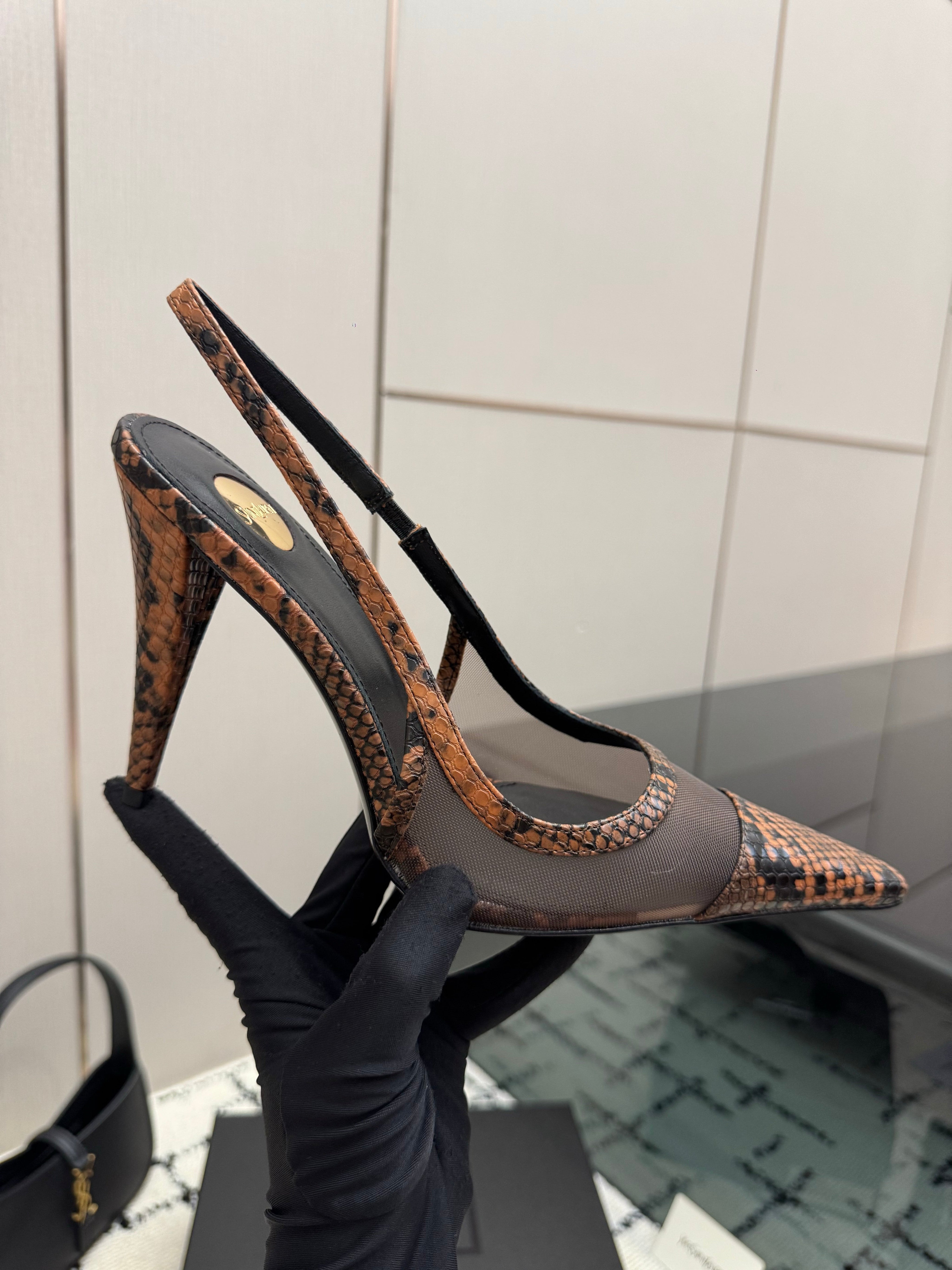 YSL 26S POINTED TOE SLINGBACK PUMPS 100 MM IN BLACK MESH AND BROWN SNAKE EMBOSSED