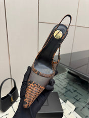 YSL 26S POINTED TOE SLINGBACK PUMPS 100 MM IN BLACK MESH AND BROWN SNAKE EMBOSSED