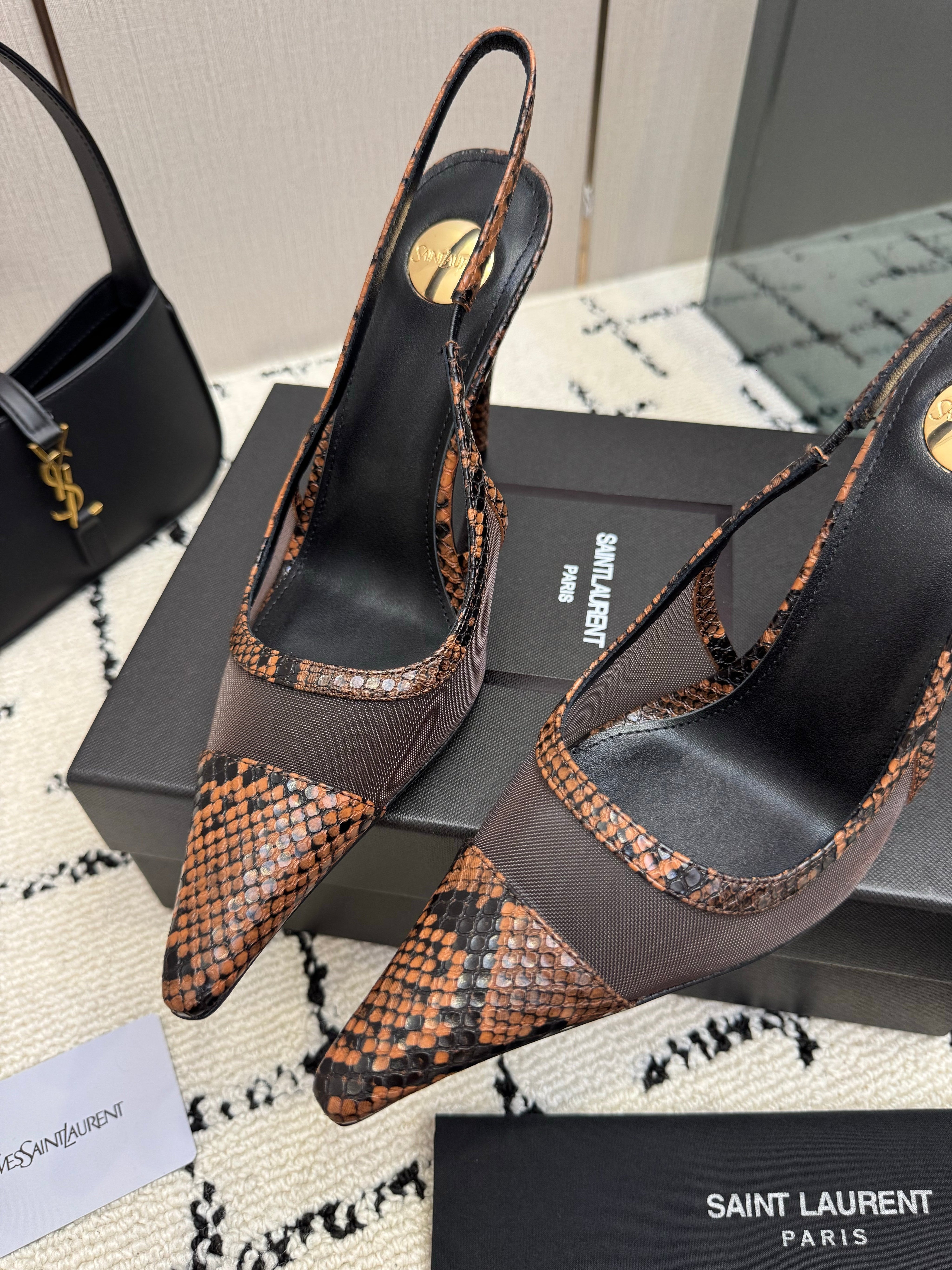 YSL 26S POINTED TOE SLINGBACK PUMPS 100 MM IN BLACK MESH AND BROWN SNAKE EMBOSSED