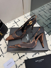 YSL 26S POINTED TOE SLINGBACK PUMPS 100 MM IN BLACK MESH AND BROWN SNAKE EMBOSSED