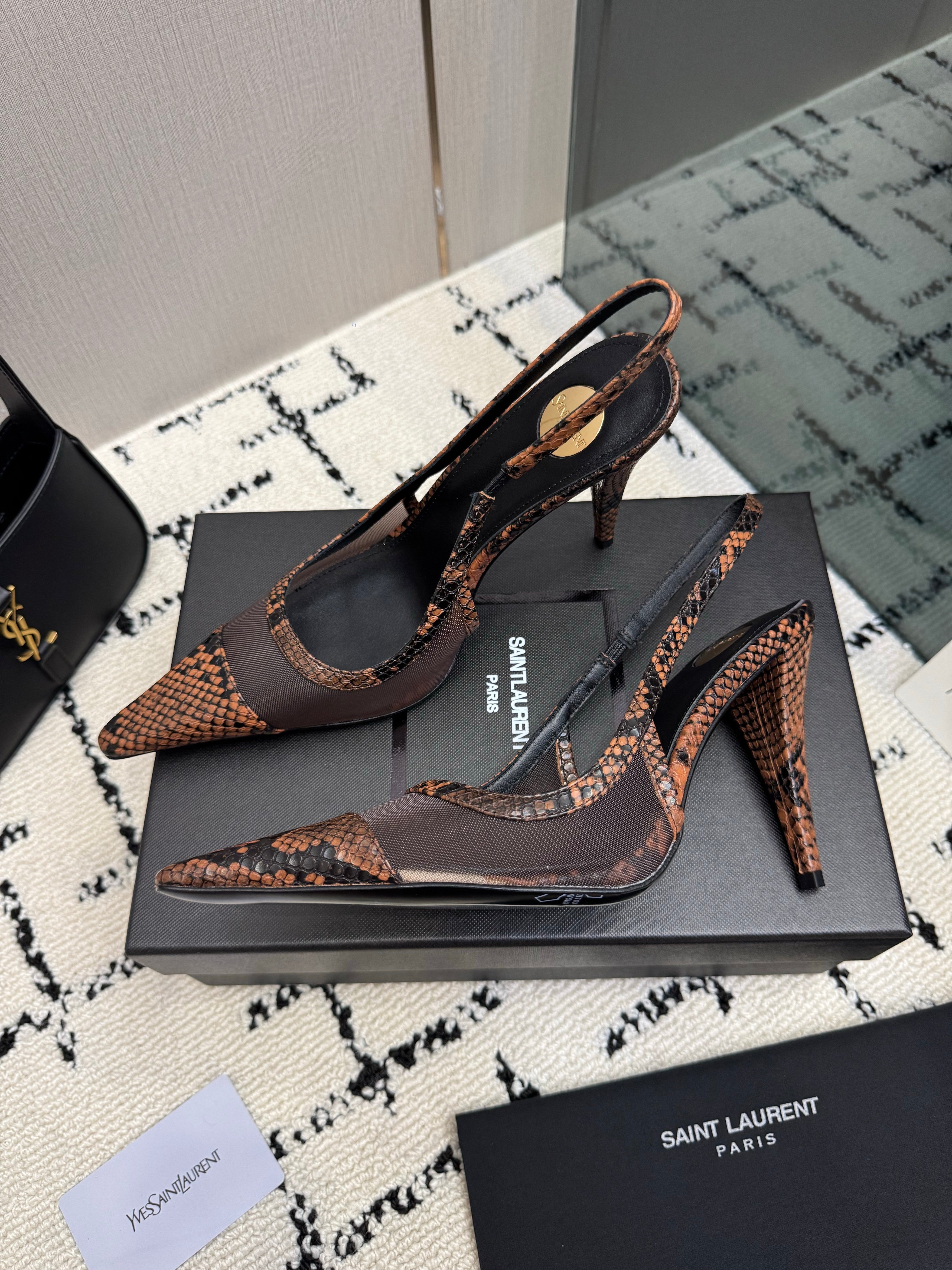 YSL 26S POINTED TOE SLINGBACK PUMPS 100 MM IN BLACK MESH AND BROWN SNAKE EMBOSSED