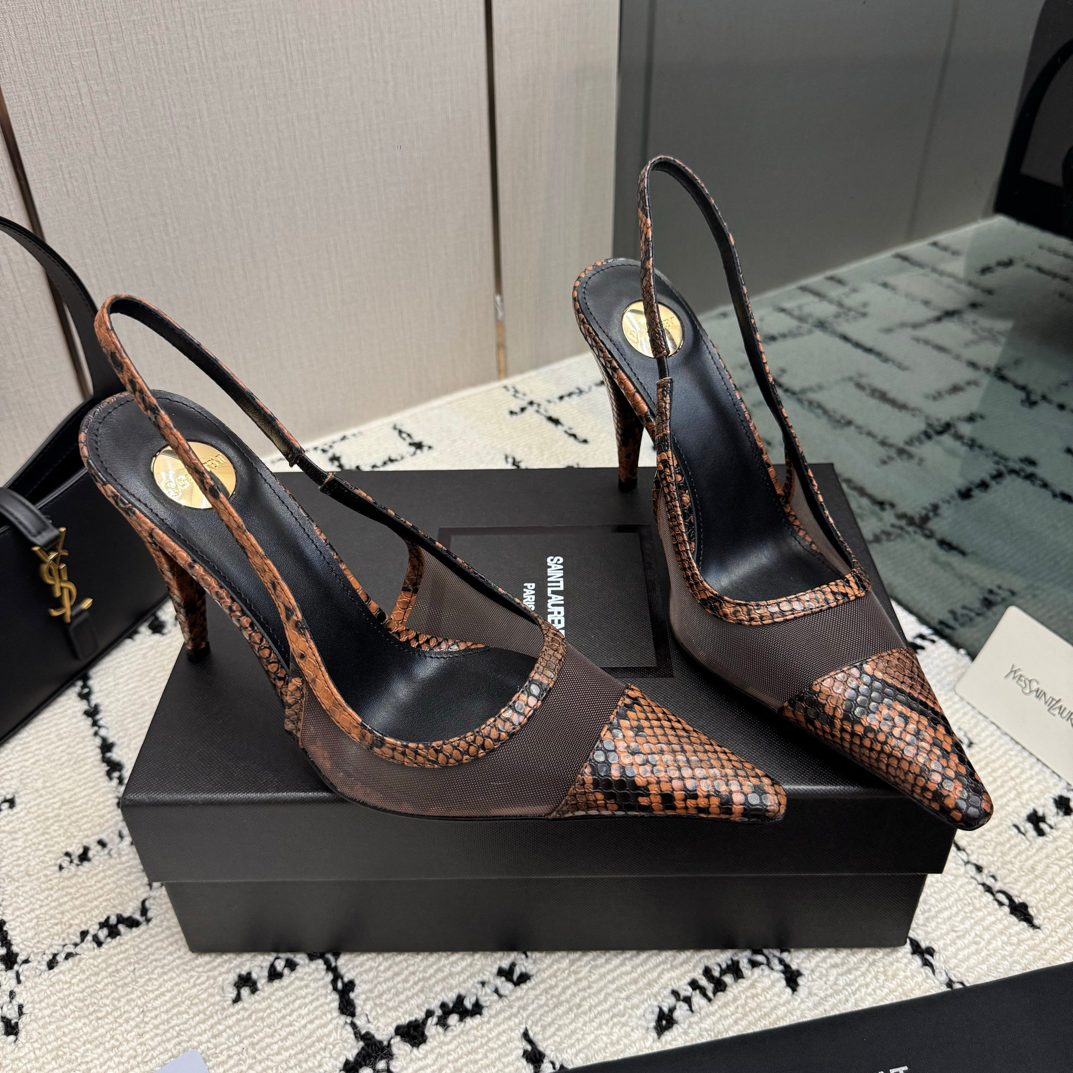 YSL 26S POINTED TOE SLINGBACK PUMPS 100 MM IN BLACK MESH AND BROWN SNAKE EMBOSSED