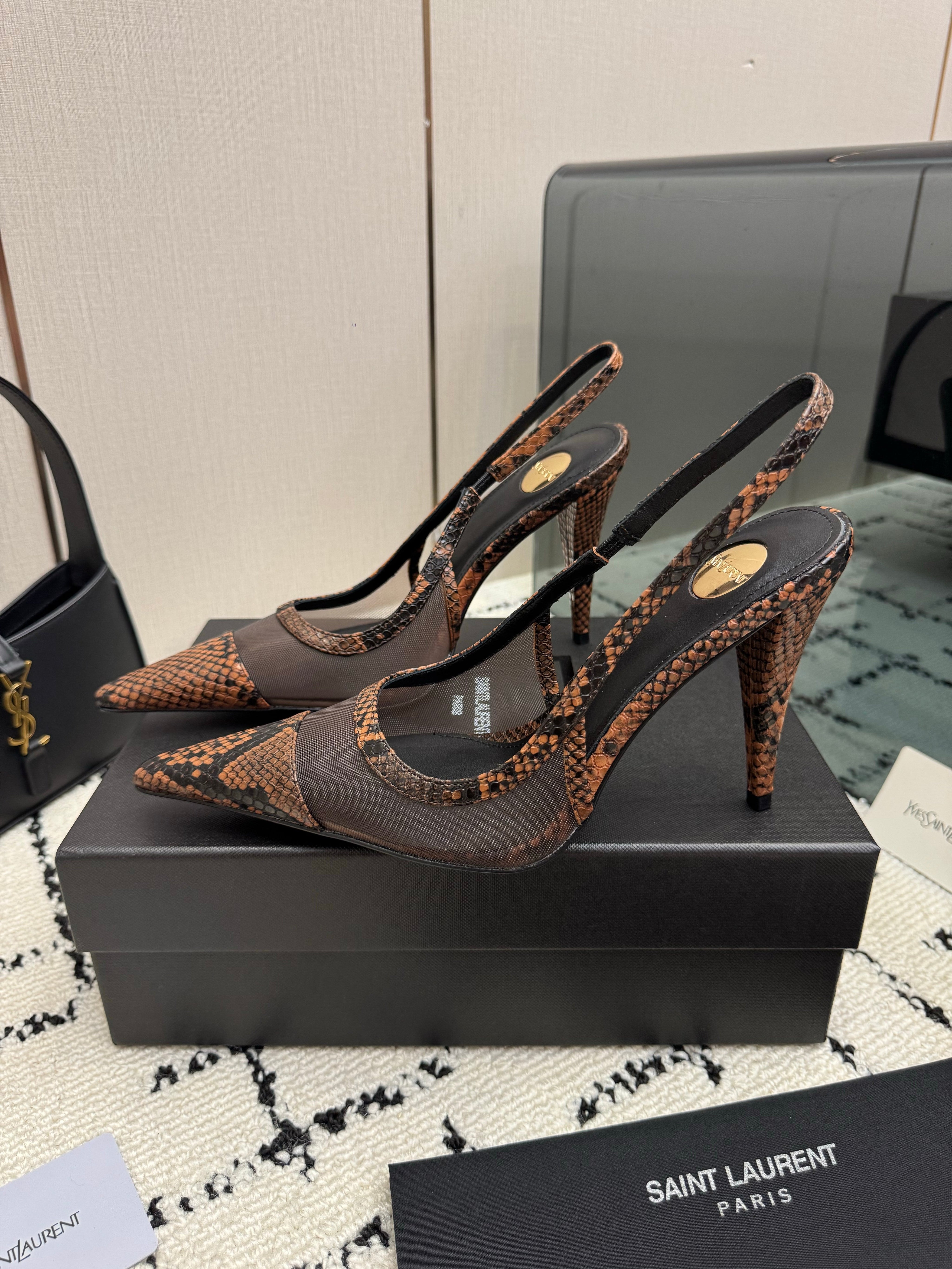 YSL 26S POINTED TOE SLINGBACK PUMPS 100 MM IN BLACK MESH AND BROWN SNAKE EMBOSSED