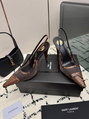 YSL 26S POINTED TOE SLINGBACK PUMPS 100 MM IN BLACK MESH AND BROWN SNAKE EMBOSSED