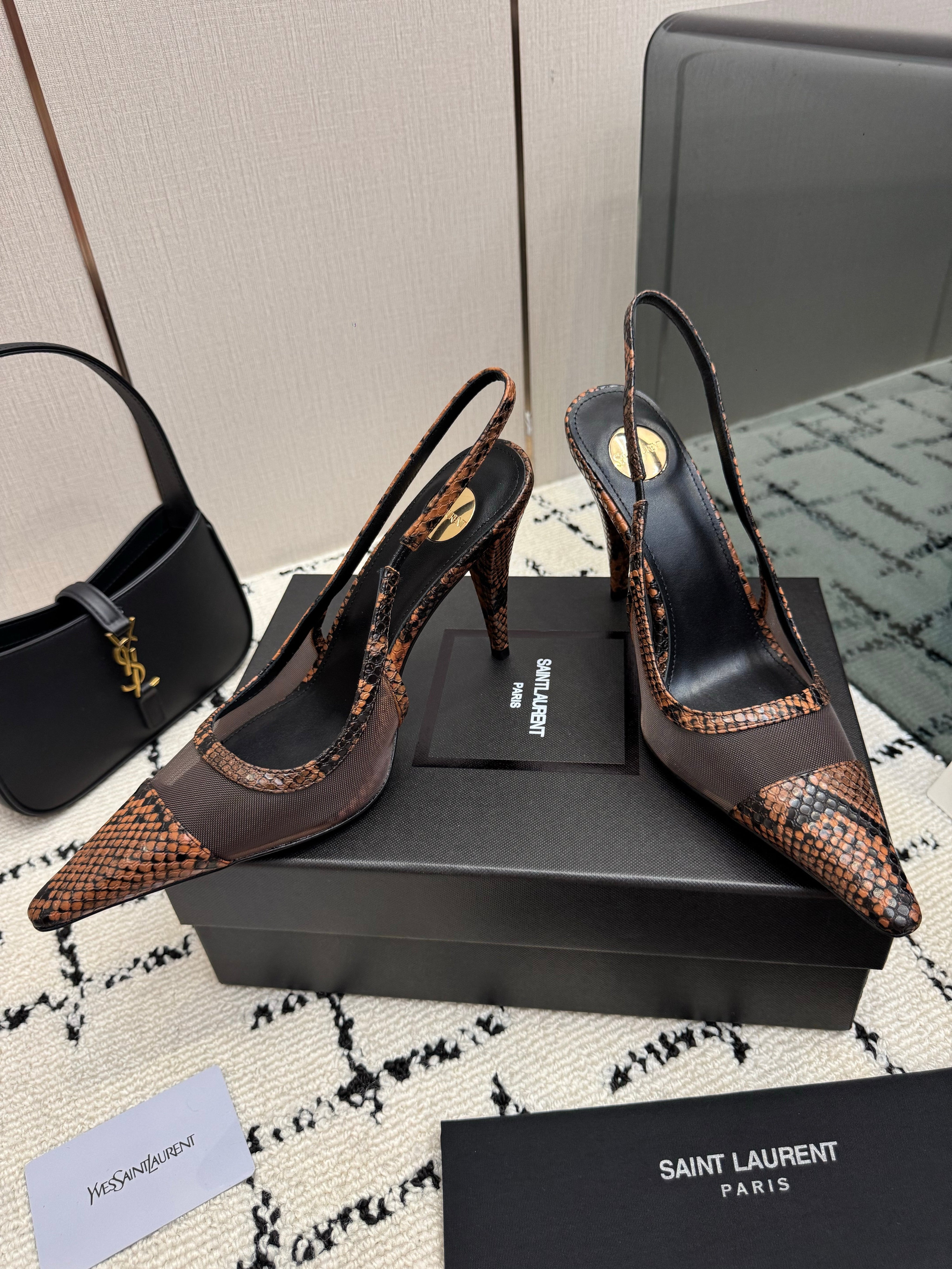 YSL 26S POINTED TOE SLINGBACK PUMPS 100 MM IN BLACK MESH AND BROWN SNAKE EMBOSSED