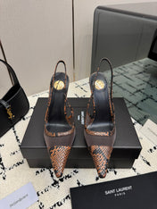 YSL 26S POINTED TOE SLINGBACK PUMPS 100 MM IN BLACK MESH AND BROWN SNAKE EMBOSSED