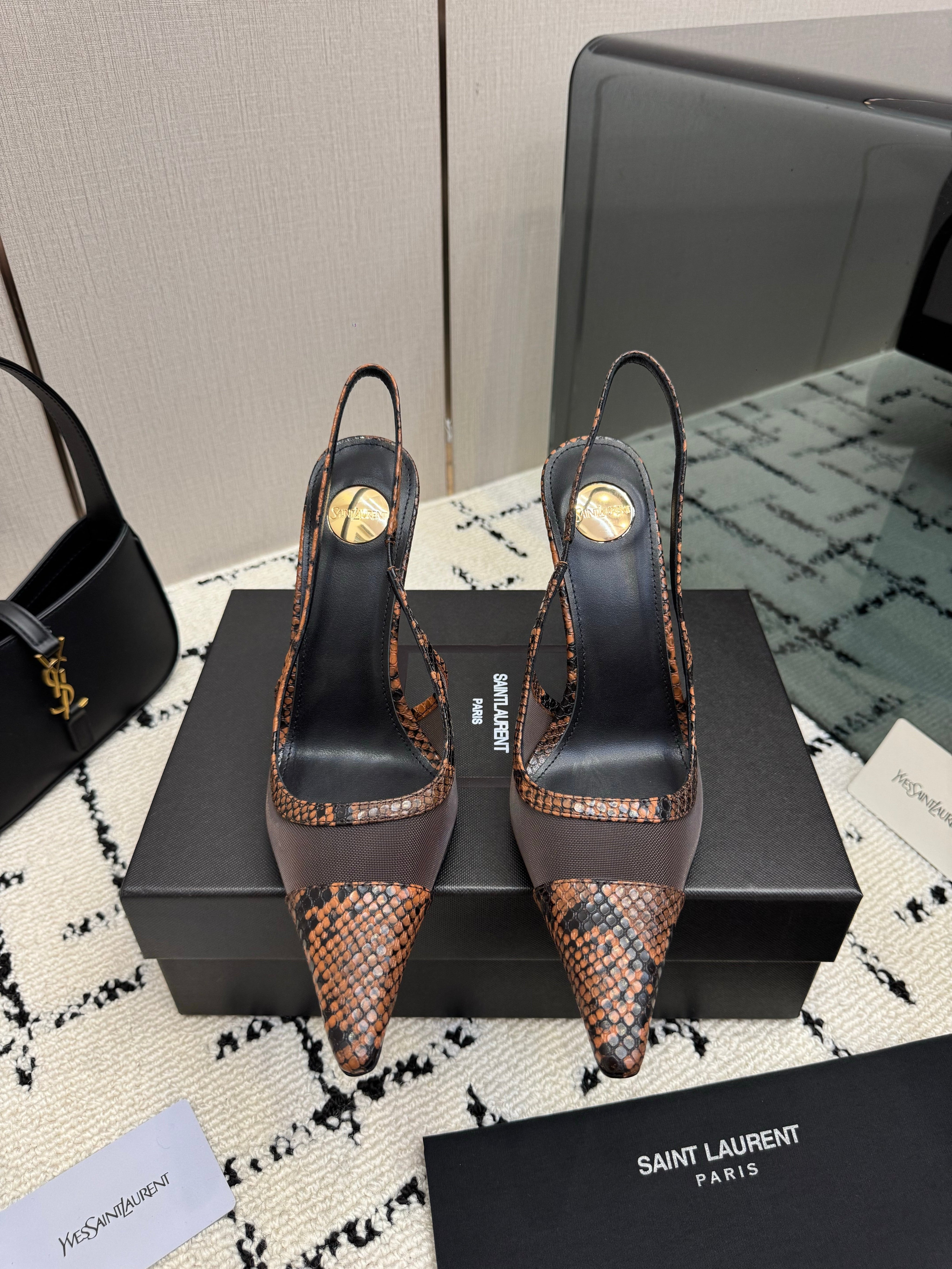 YSL 26S POINTED TOE SLINGBACK PUMPS 100 MM IN BLACK MESH AND BROWN SNAKE EMBOSSED