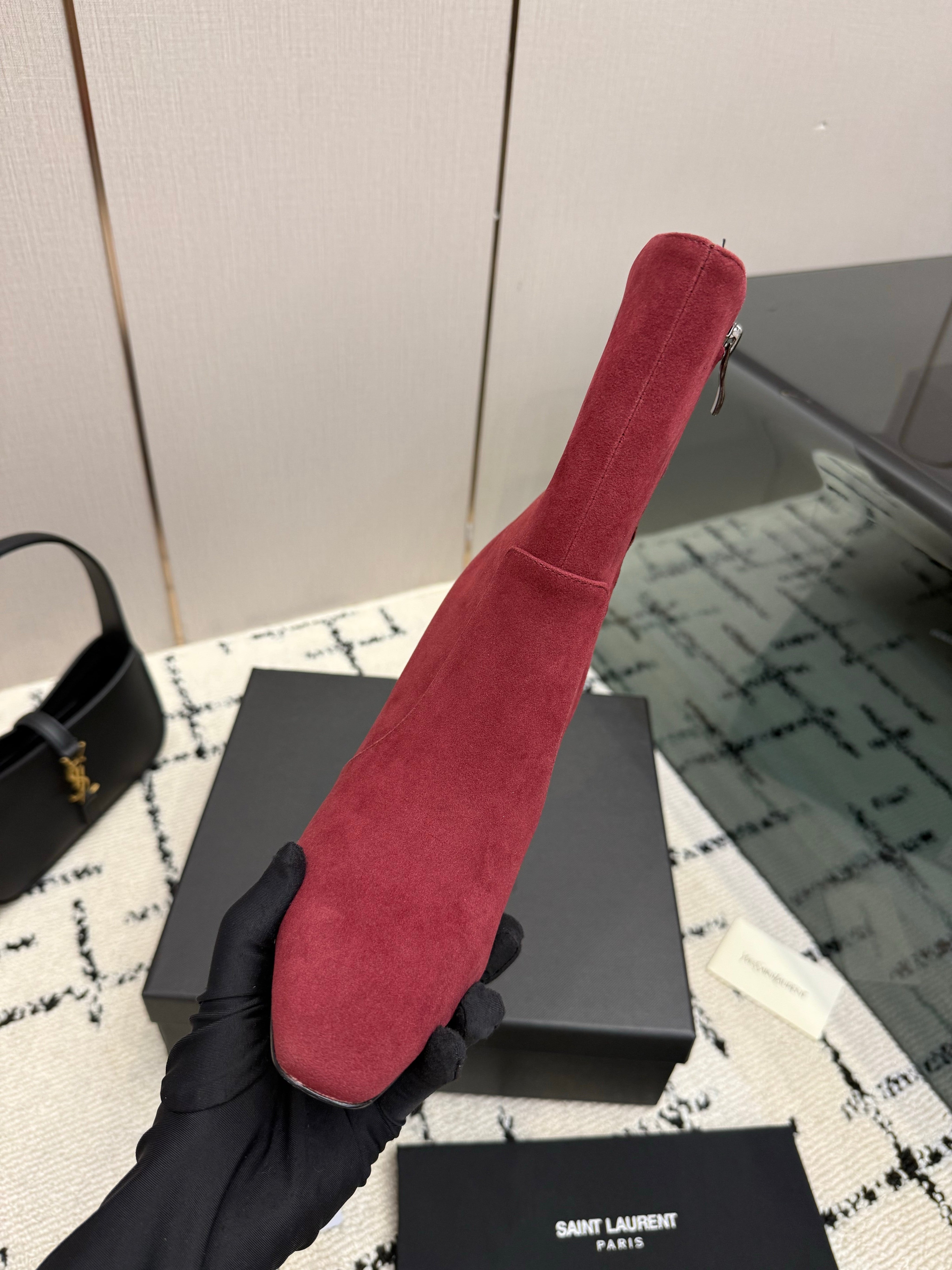YSL 26S YSL LOGO HEEL ANKLE BOOTS 100 MM IN RED SUEDE