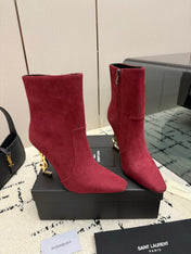 YSL 26S YSL LOGO HEEL ANKLE BOOTS 100 MM IN RED SUEDE