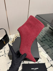 YSL 26S YSL LOGO HEEL ANKLE BOOTS 100 MM IN RED SUEDE