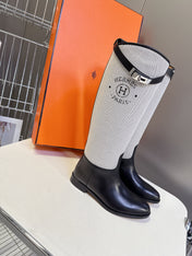 HM 25S JUMPING BOOT IN BLACK LAMBSKIN AND GREY CANVAS WITH SILVER HARDWARE