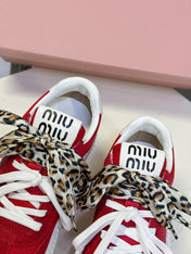 MIUMIU 25S SNEAKERS 45MM IN DARK RED SUEDE WITH LEOPARD-PRINT LACES