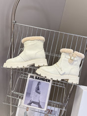 DIORALPS ANKLE BOOTS 25S IN WHITE LAMBSKIN AND BEIGE WOOL WITH GOLD HARDWARE