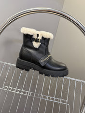 DIORALPS ANKLE BOOTS 25S IN BLACK LAMBSKIN AND BEIGE WOOL WITH SILVER HARDWARE