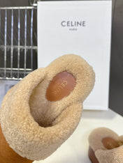 CELINE 26S WEDGE MULES IN ORANGE BROWN SUEDE AND BEIGE WOOL