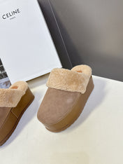 CELINE 26S WEDGE MULES IN SAND BEIGE SUEDE AND WOOL