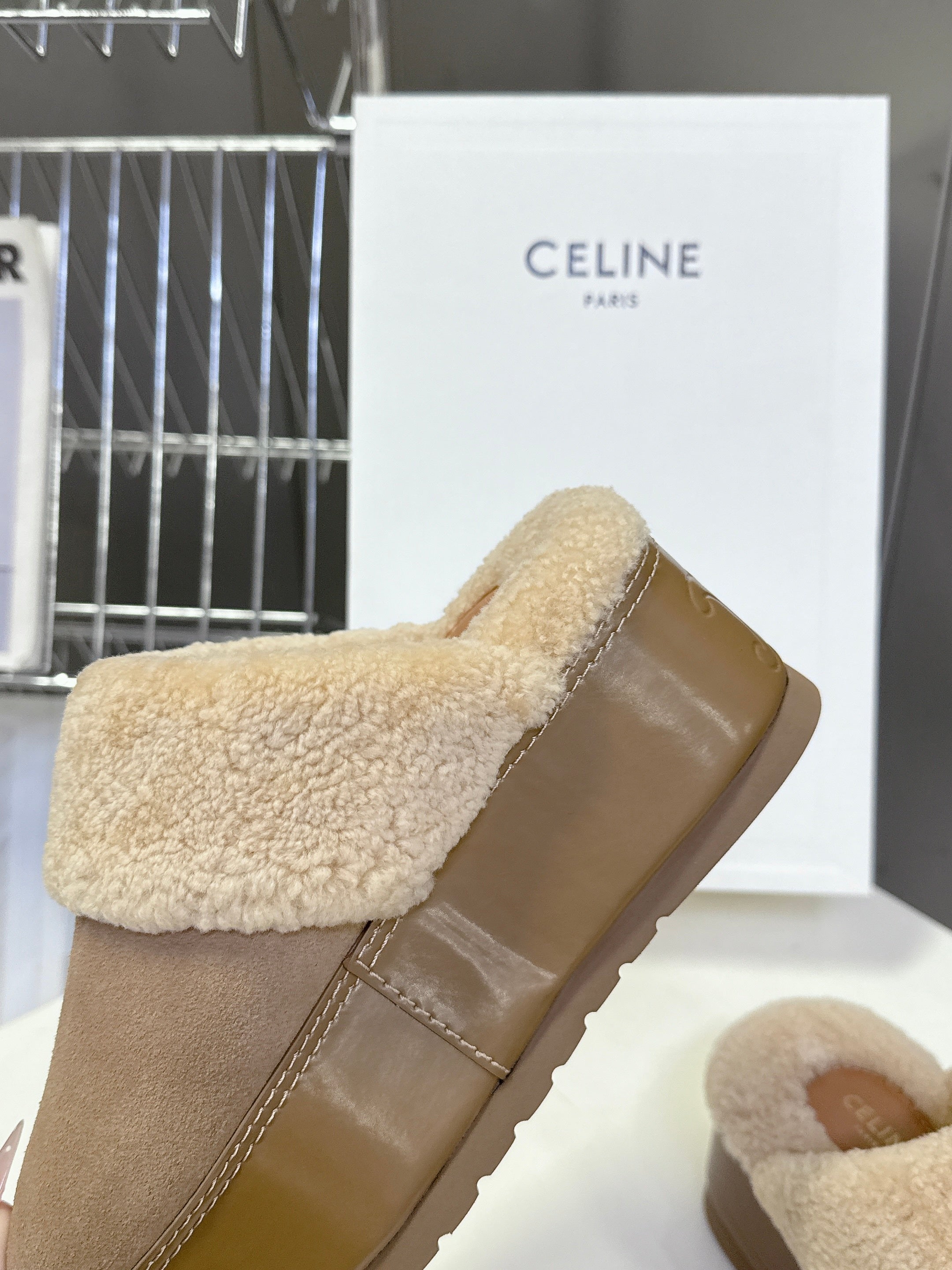CELINE 26S WEDGE MULES IN SAND BEIGE SUEDE AND WOOL