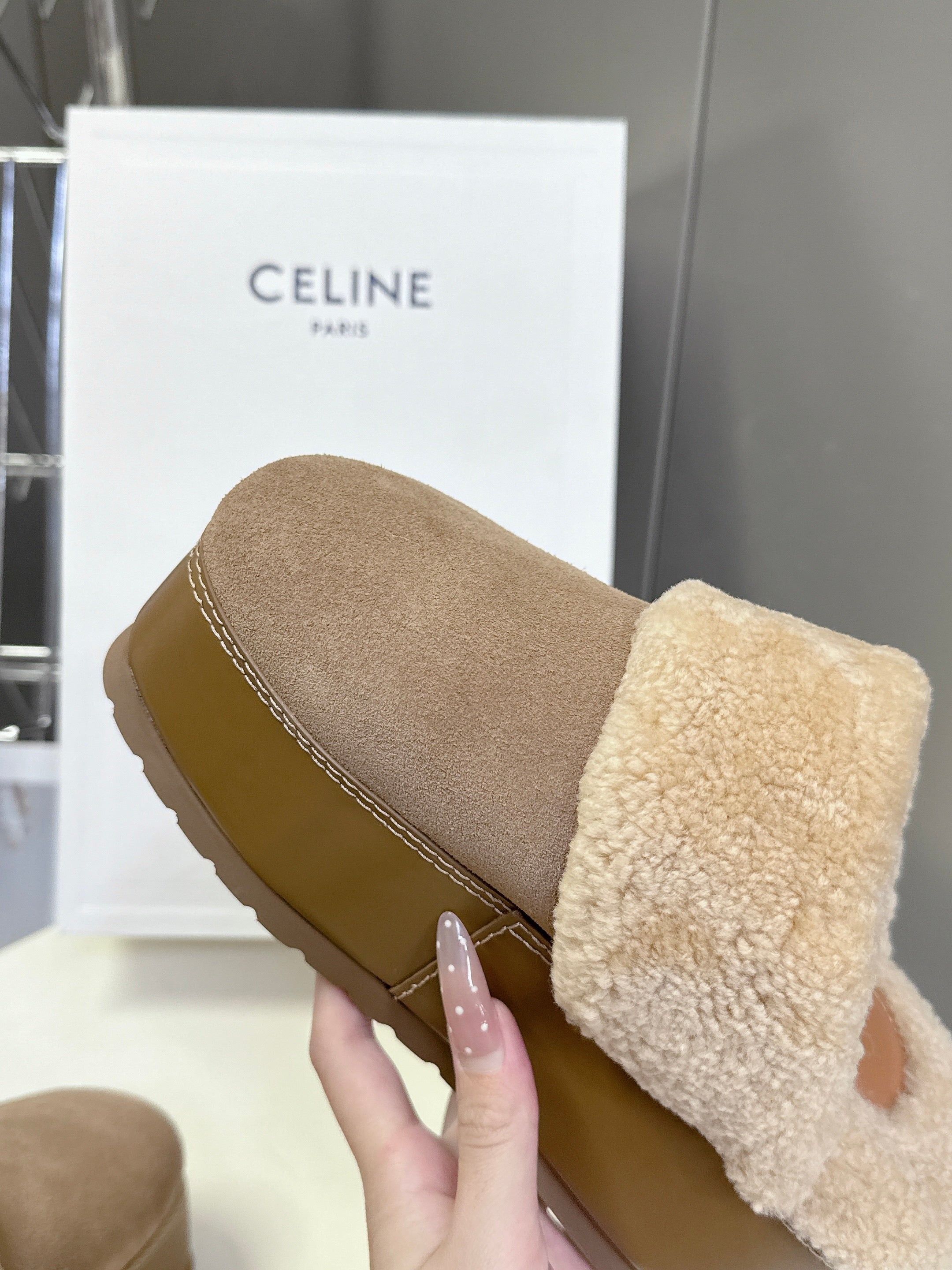 CELINE 26S WEDGE MULES IN SAND BEIGE SUEDE AND WOOL