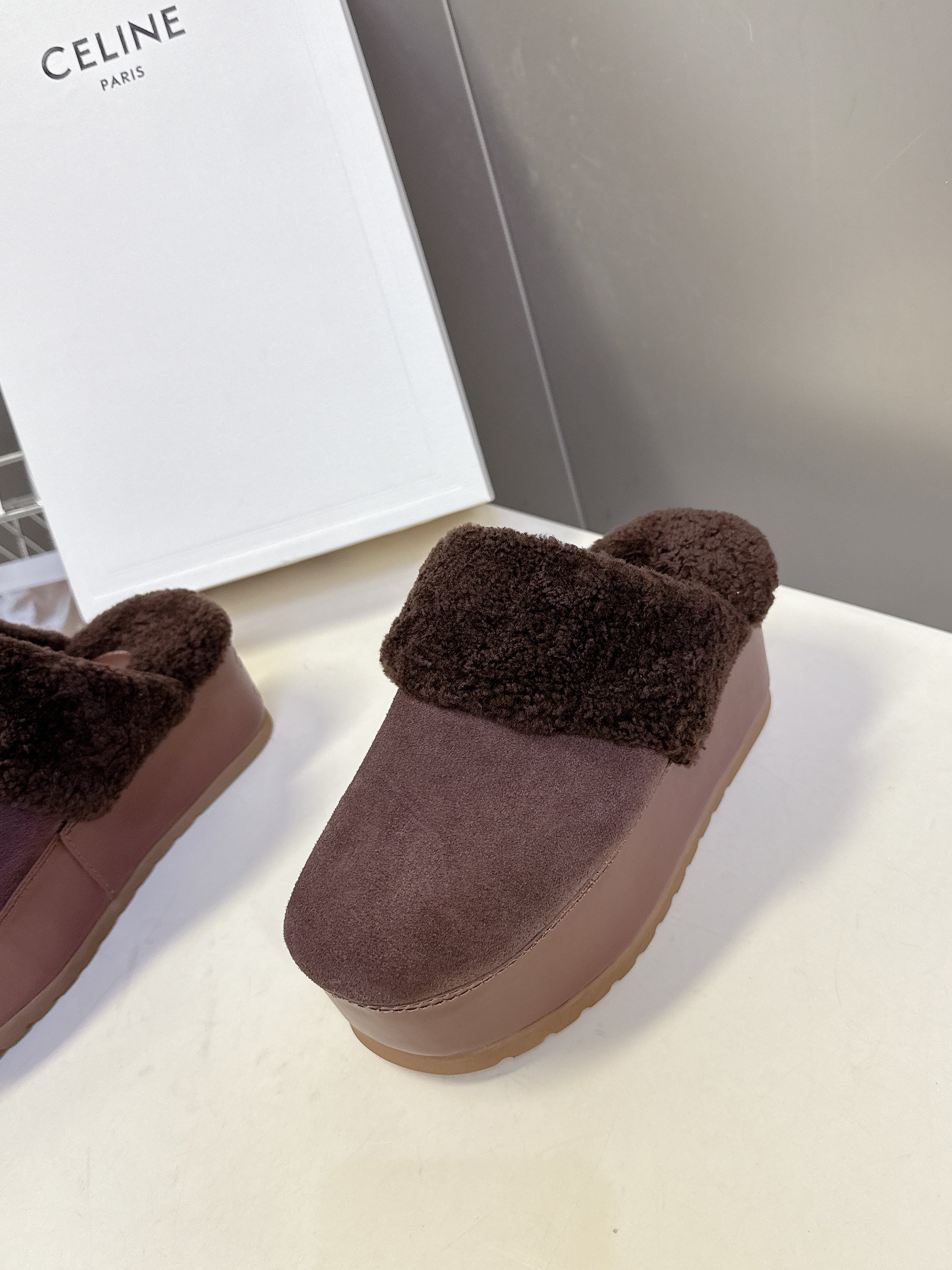 CELINE 26S WEDGE MULES IN PLUM BROWN SUEDE AND WOOL