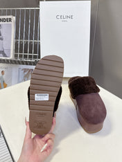 CELINE 26S WEDGE MULES IN PLUM BROWN SUEDE AND WOOL