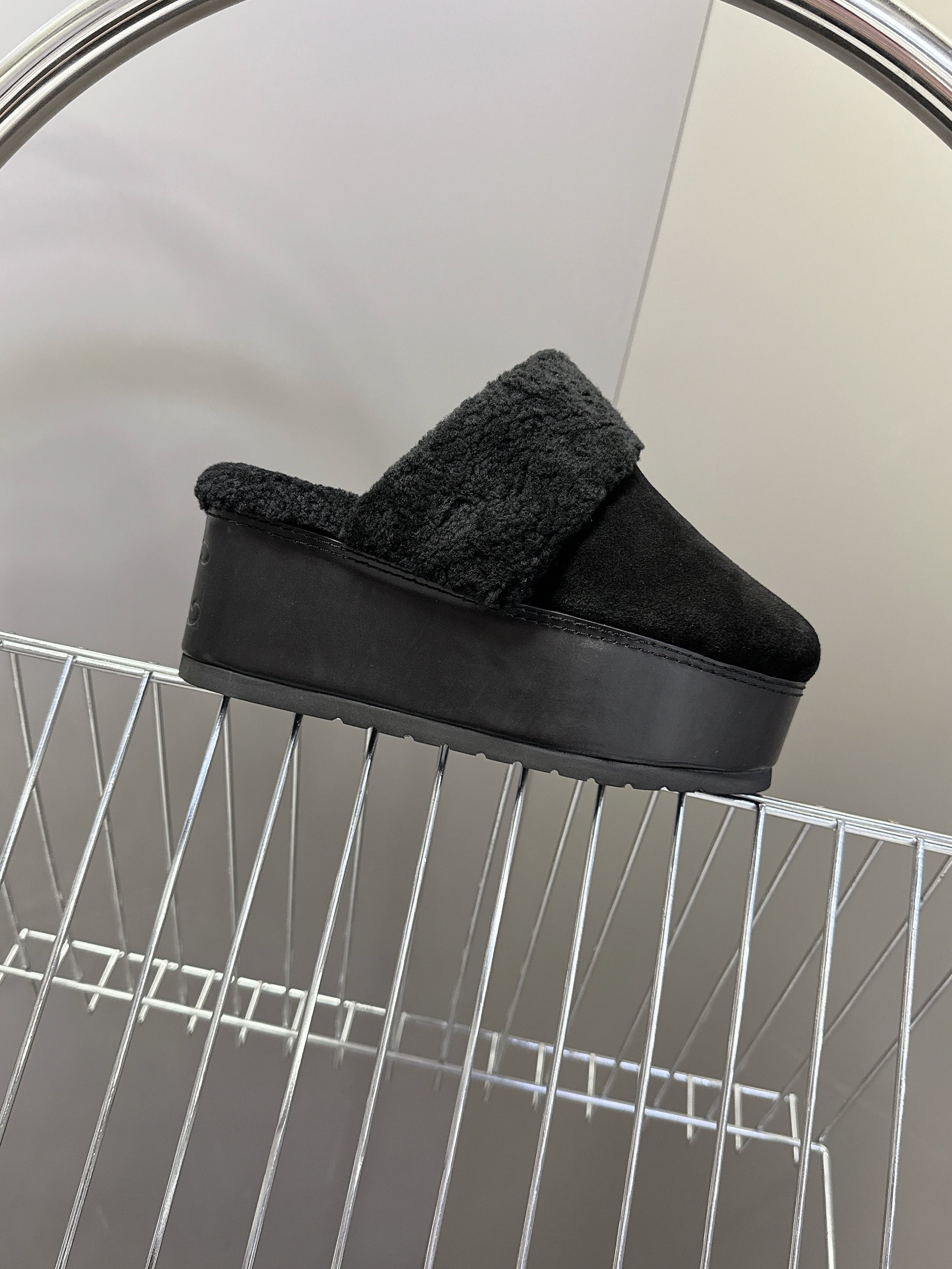CELINE 26S WEDGE MULES IN BLACK SUEDE AND WOOL